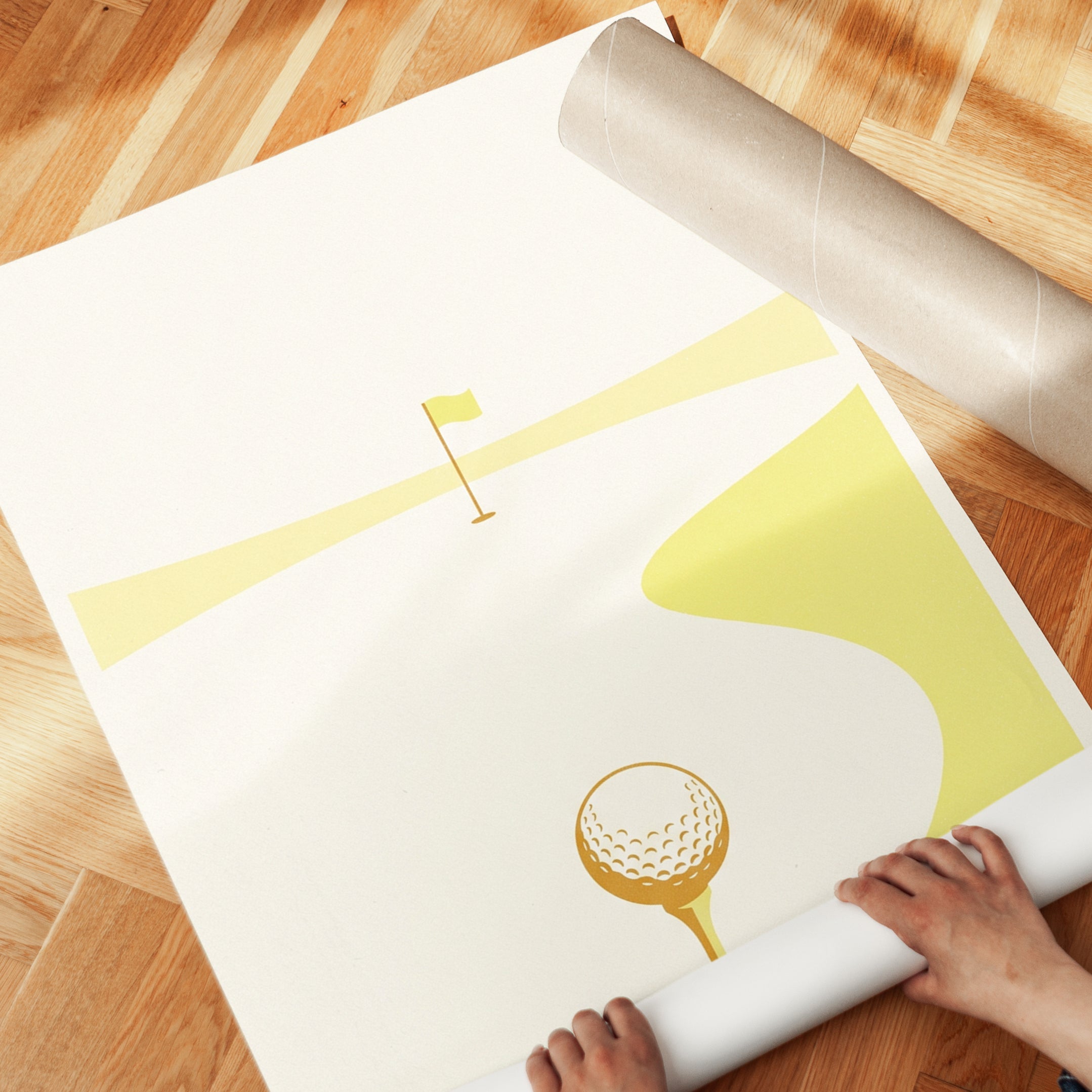 Minimalist Golf Course Print: Yellow and Gold Geometric Design - detail