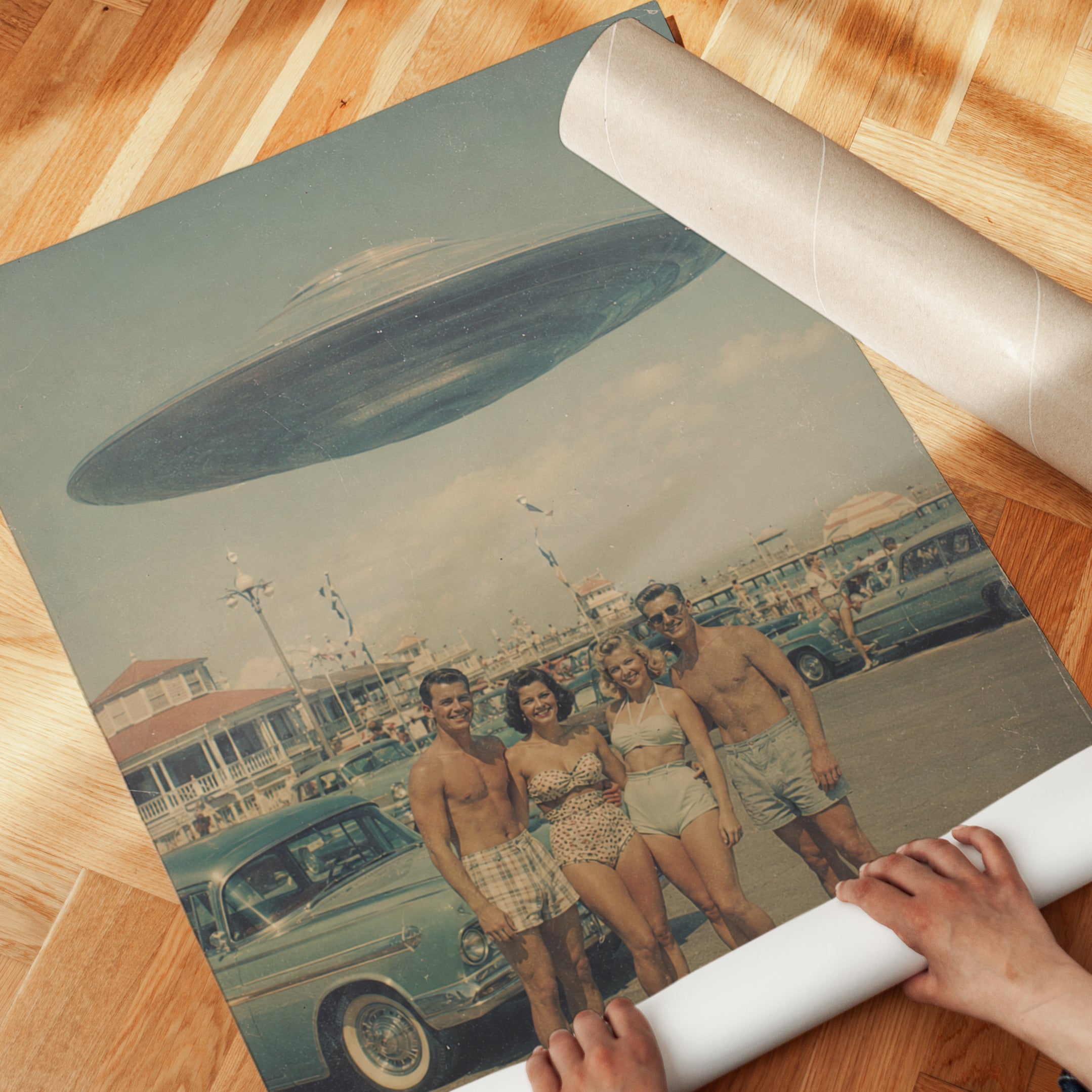 Retro UFO Beach Photograph — Vintage 1950s Sci-Fi Kitsch - detail