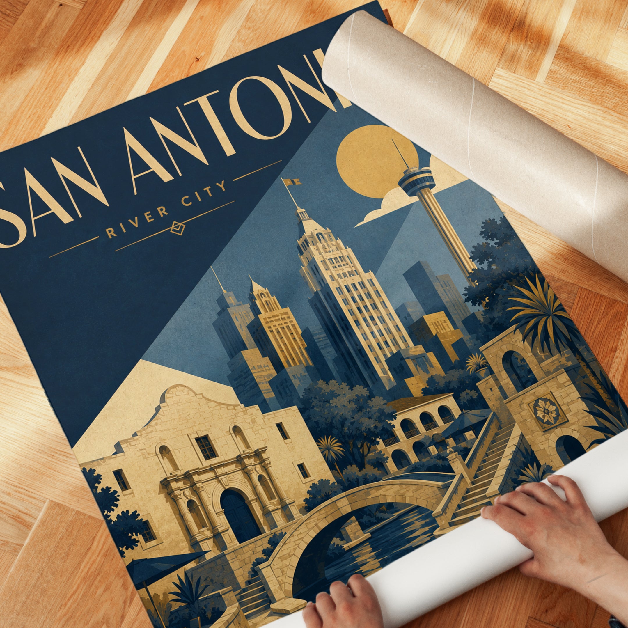 San Antonio Travel Poster: Art Deco River City Skyline Print - detail