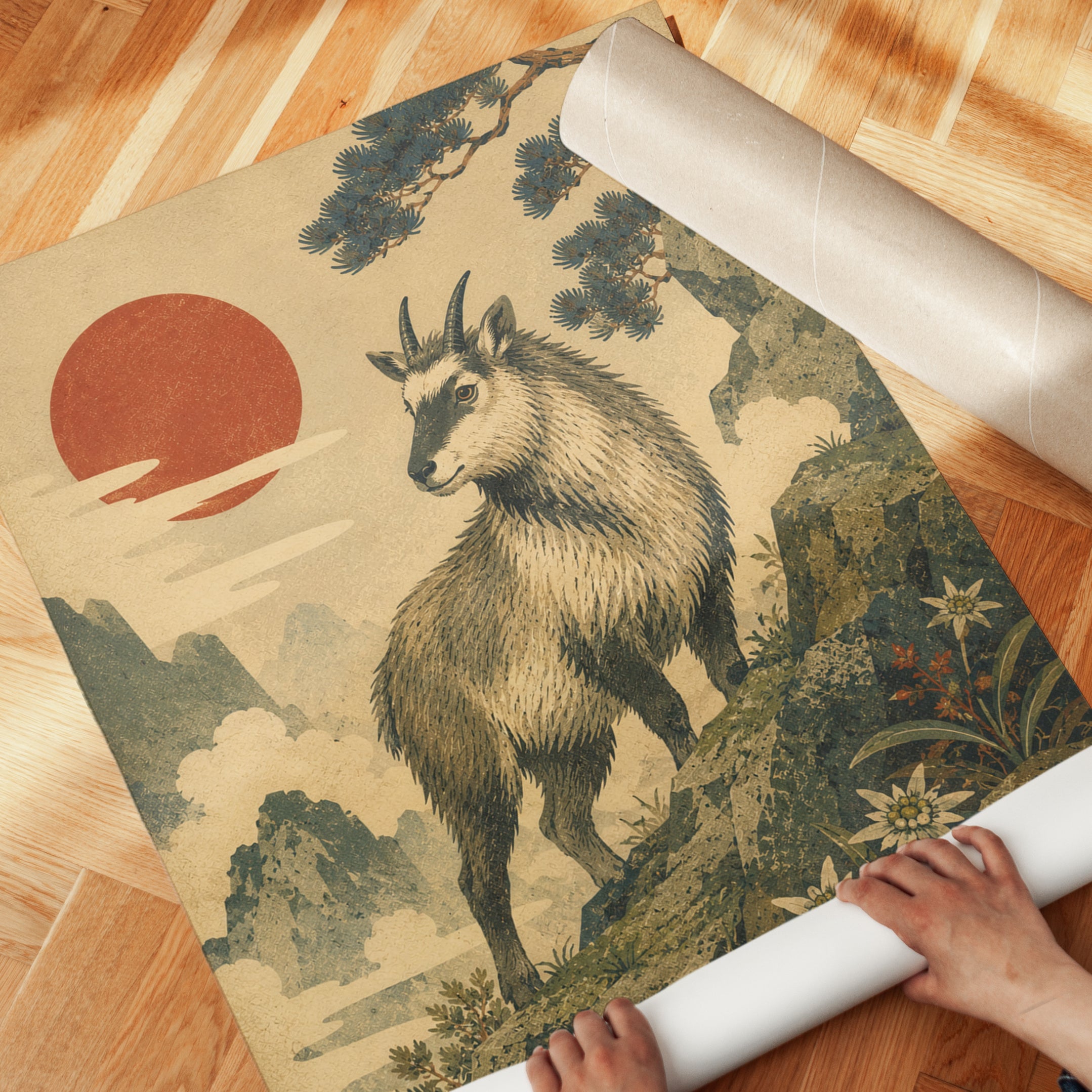 Mountain Goat Wall Decor: Japanese Vintage Art - detail