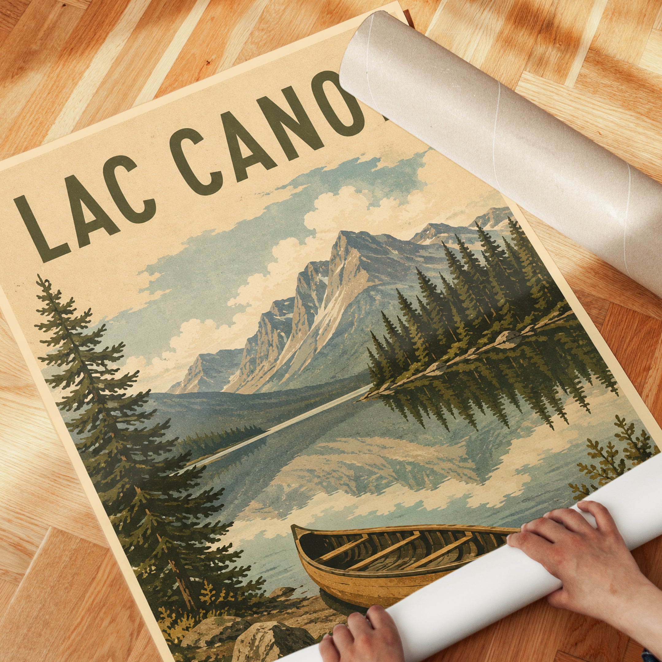 Lac Canoe Mountain Lake Poster: Vintage Travel Art Print - detail