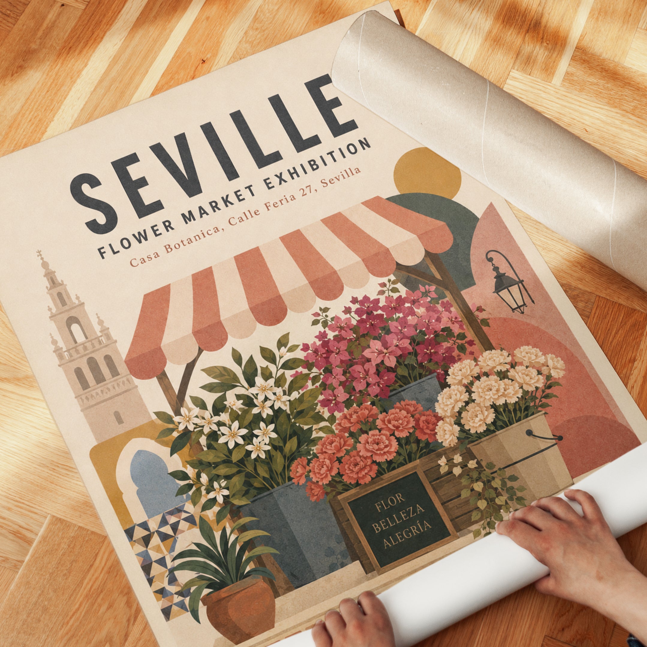Seville Flower Market Print — Vintage Botanical Travel Poster - detail