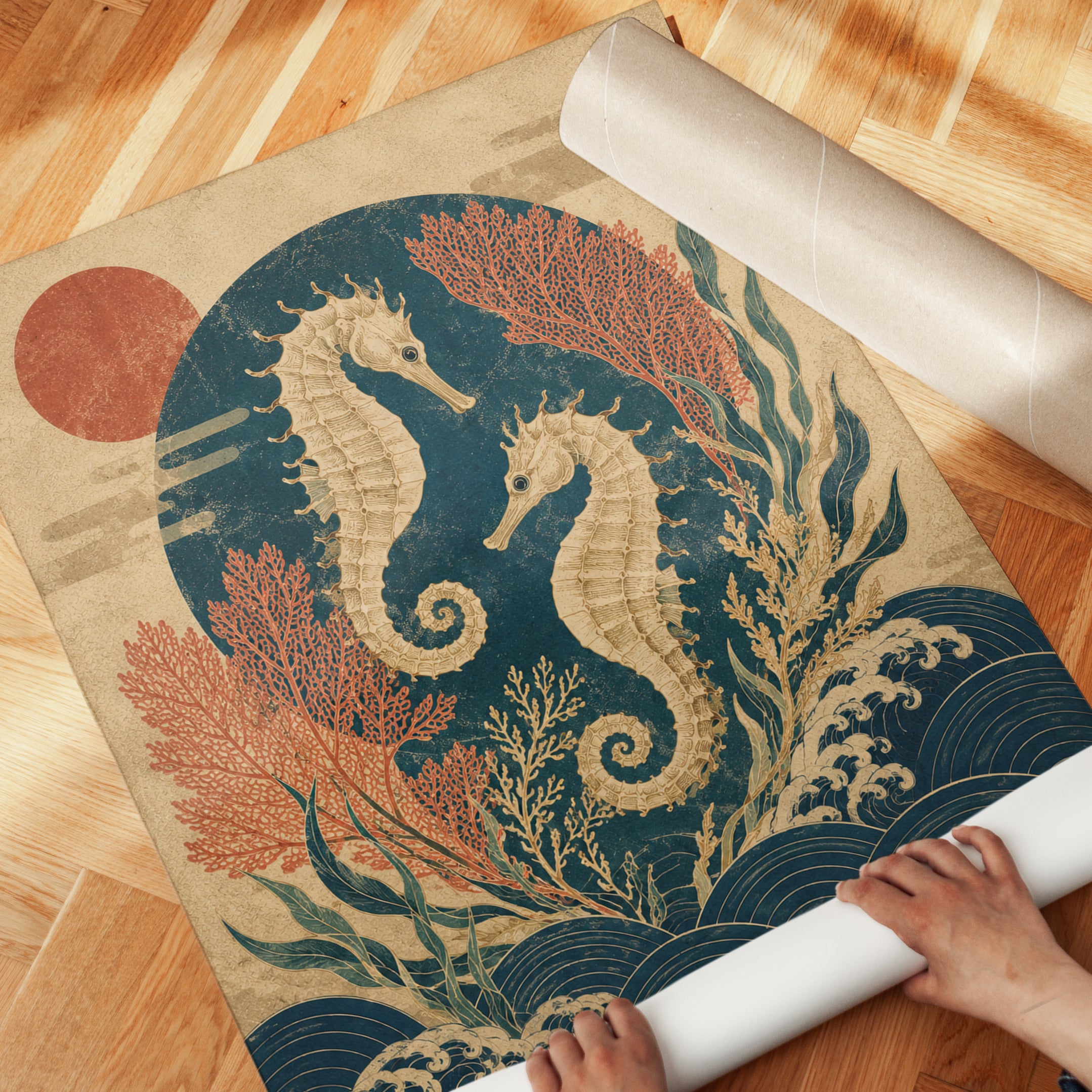 Japanese Seahorse Art Print: Vintage Ocean Illustration - detail