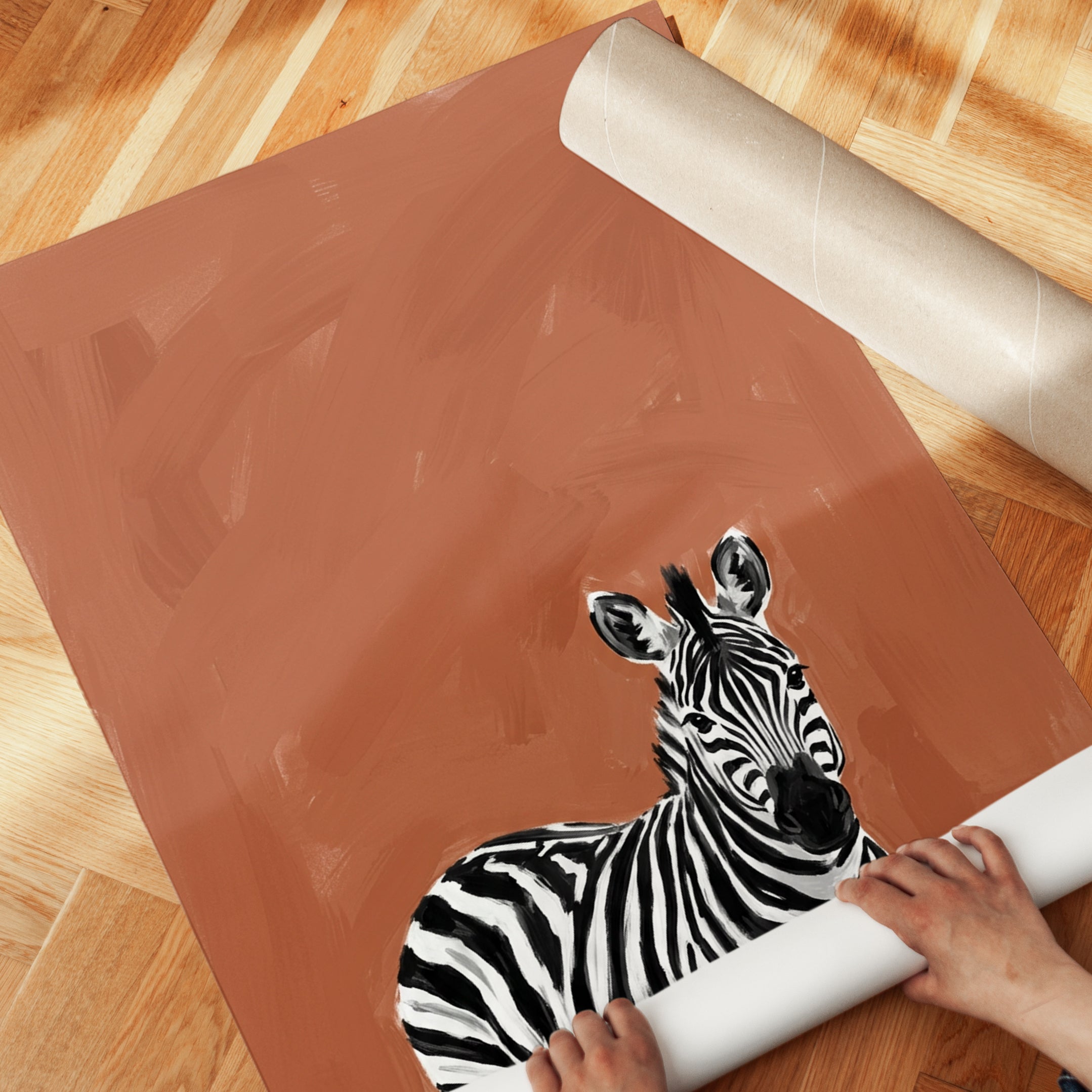 Zebra Portrait Print – Terracotta Background - detail