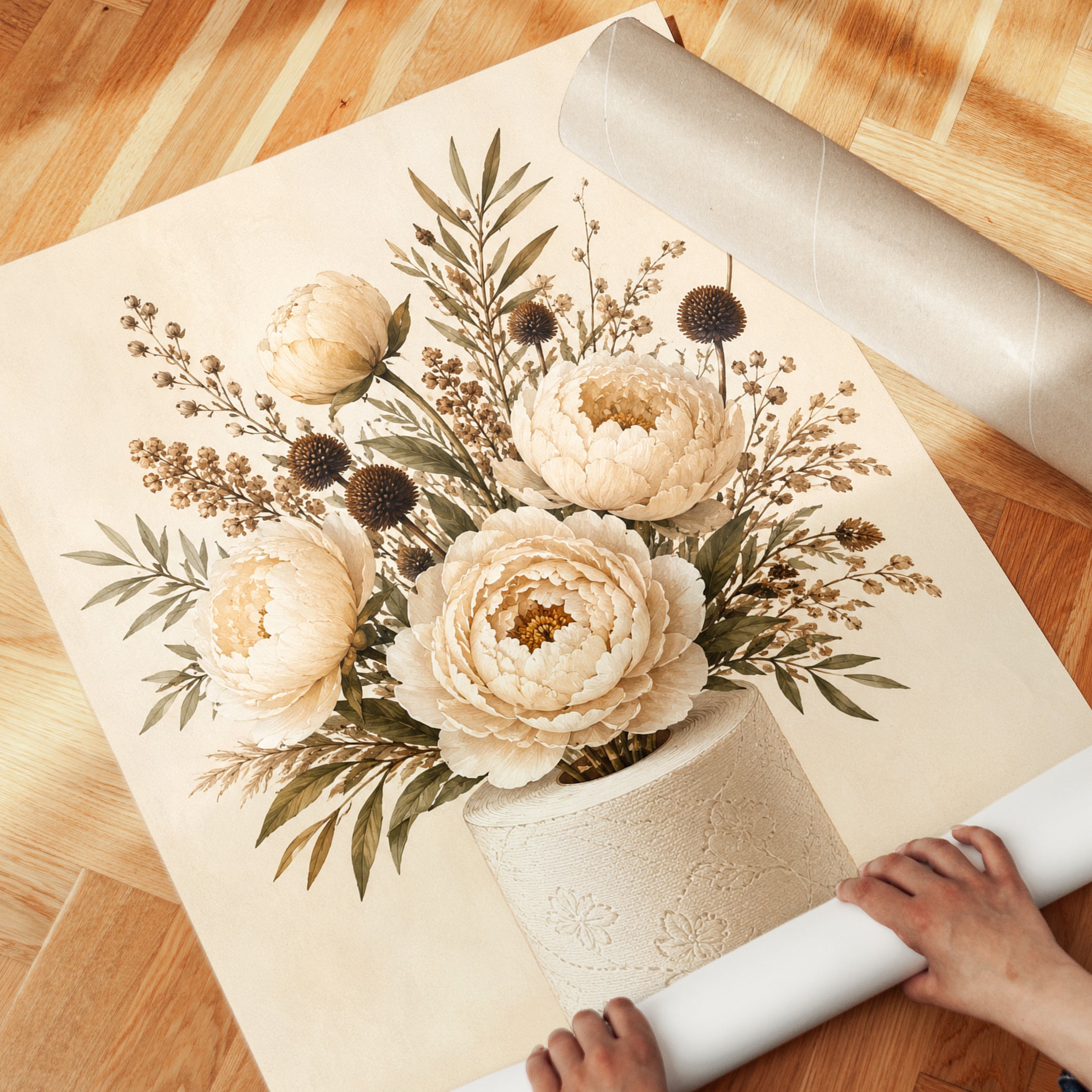 Neutral Peony Bouquet Art Print: Vintage Botanical Wall Art - detail