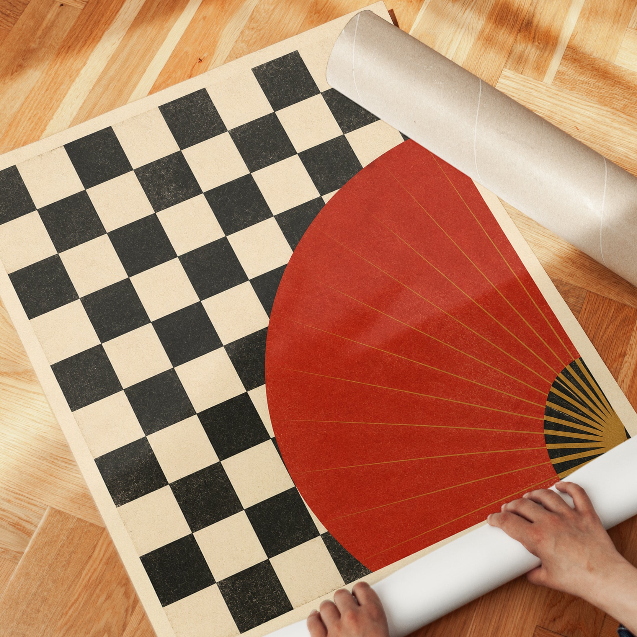 Japanese Checkerboard Wall Art – Red Fan - detail