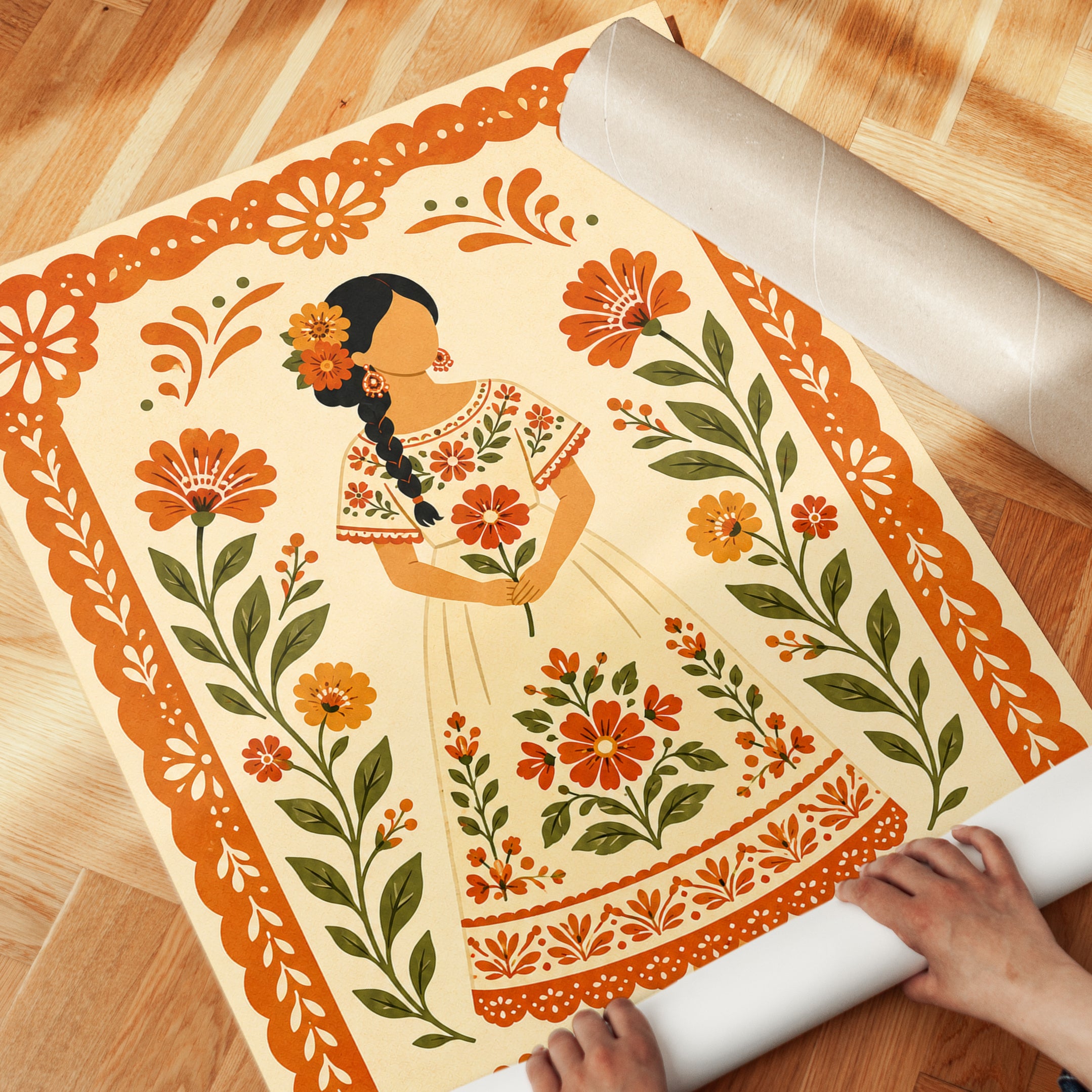 Mexican Folk Art Woman: Orange Floral Embroidered Dress Print - detail