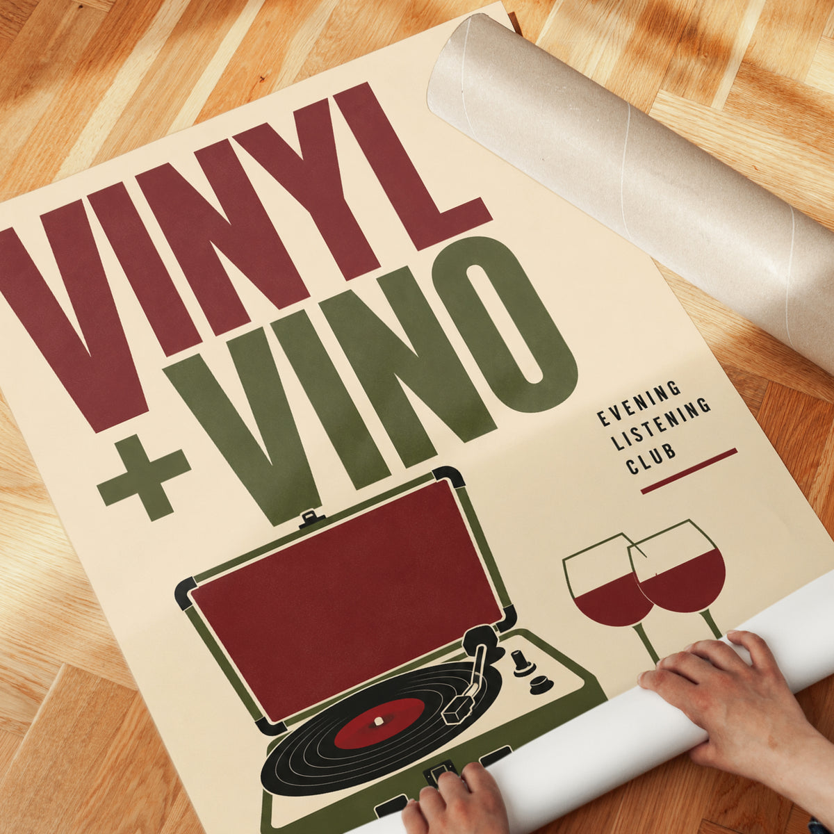 Vinyl + Vino Retro Poster — Mid-Century Music & Wine Print - detail