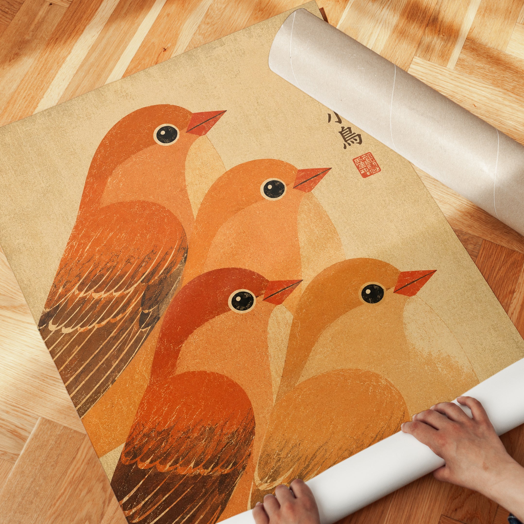 Japanese Bird Art Print — Vintage Orange Songbirds - detail
