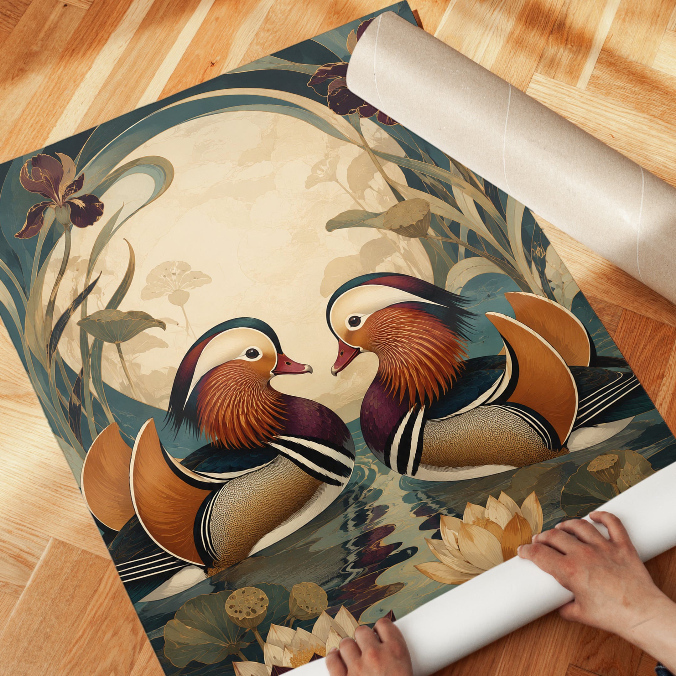 Mandarin Duck Wall Art – Art Nouveau Bird Print - detail