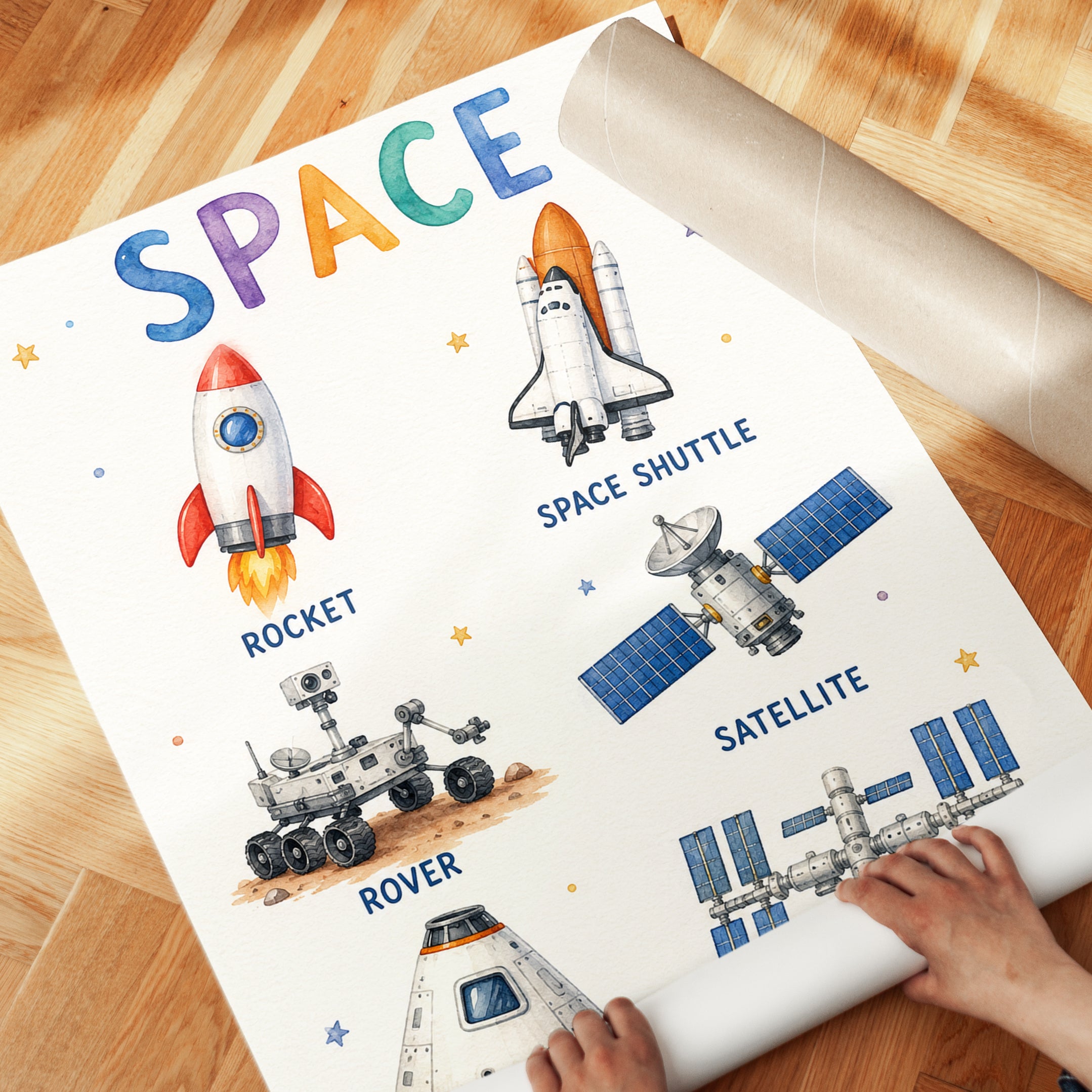 Space Educational Poster: Watercolor Rockets - detail
