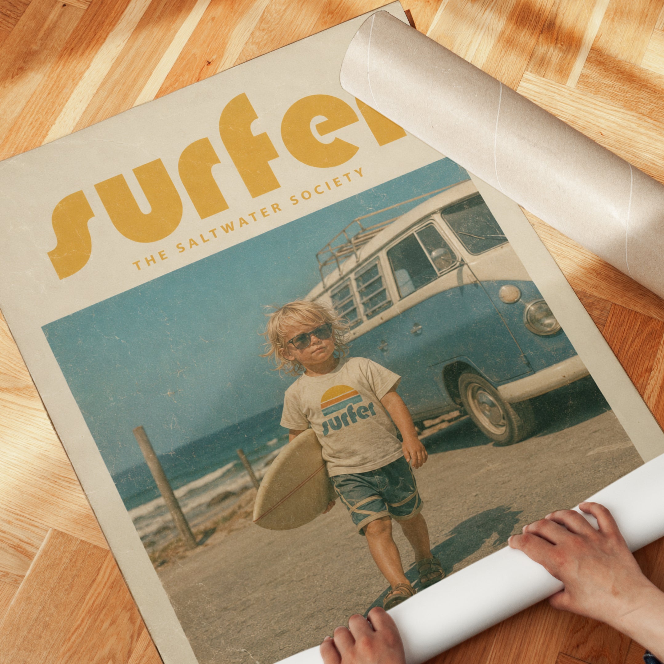Retro Surfer Kid Poster: Vintage Beach Van Wall Art - detail