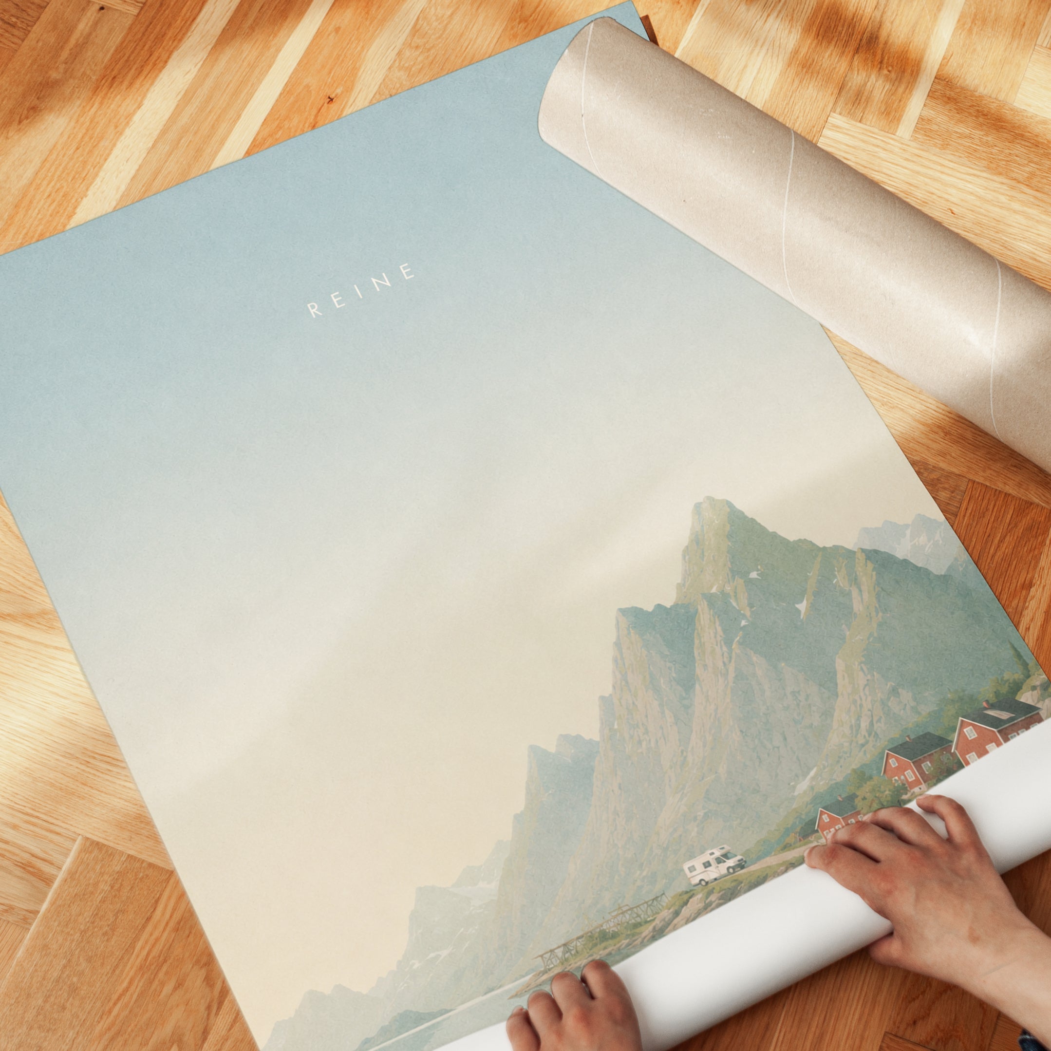 Nordic Fjord Village Print: Pastel Mountain Landscape Wall Art - detail