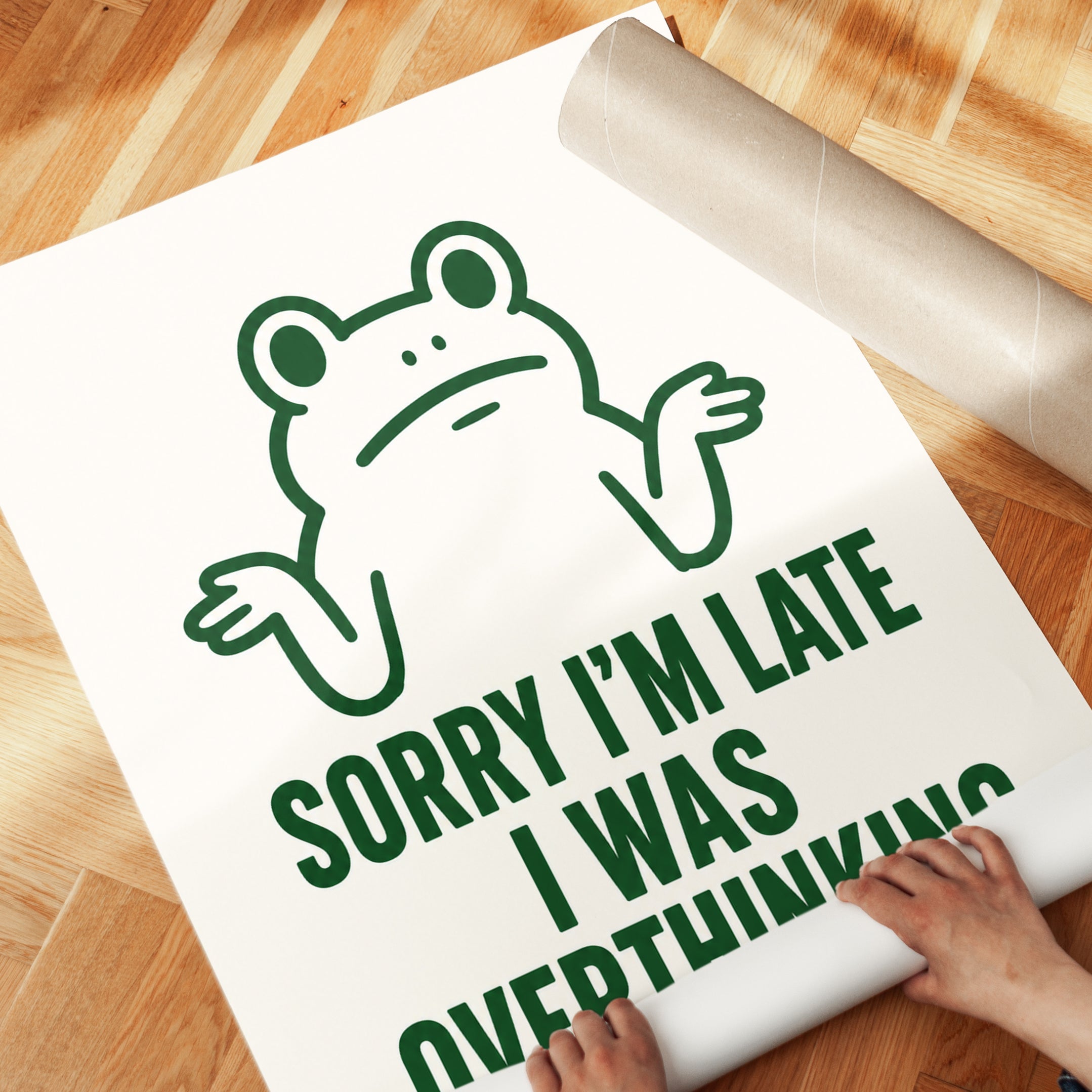 Sorry I'm Late Frog Print: Minimalist Green Humor Wall Art - detail