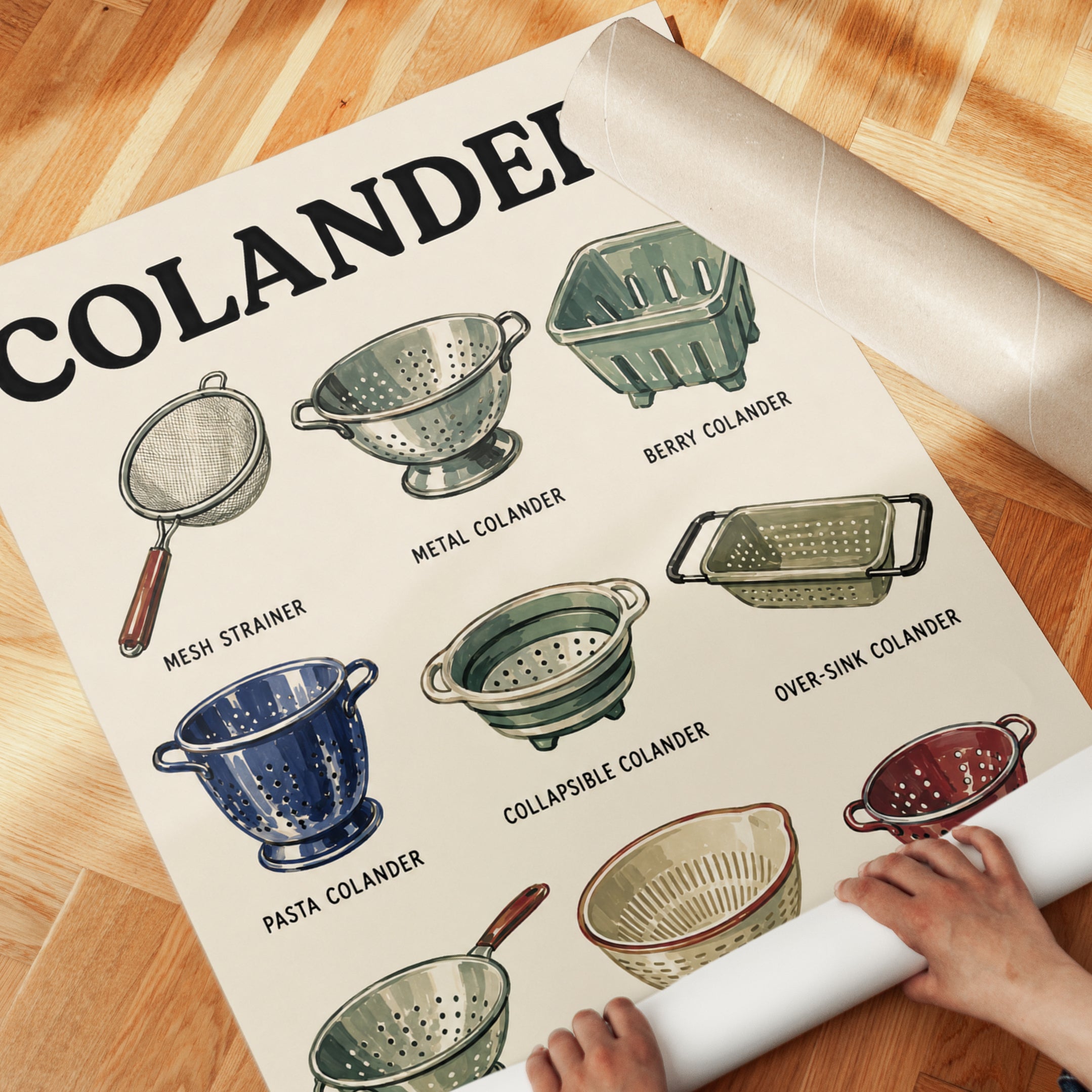 Vintage Colanders Kitchen Art Print: Retro Culinary Guide - detail