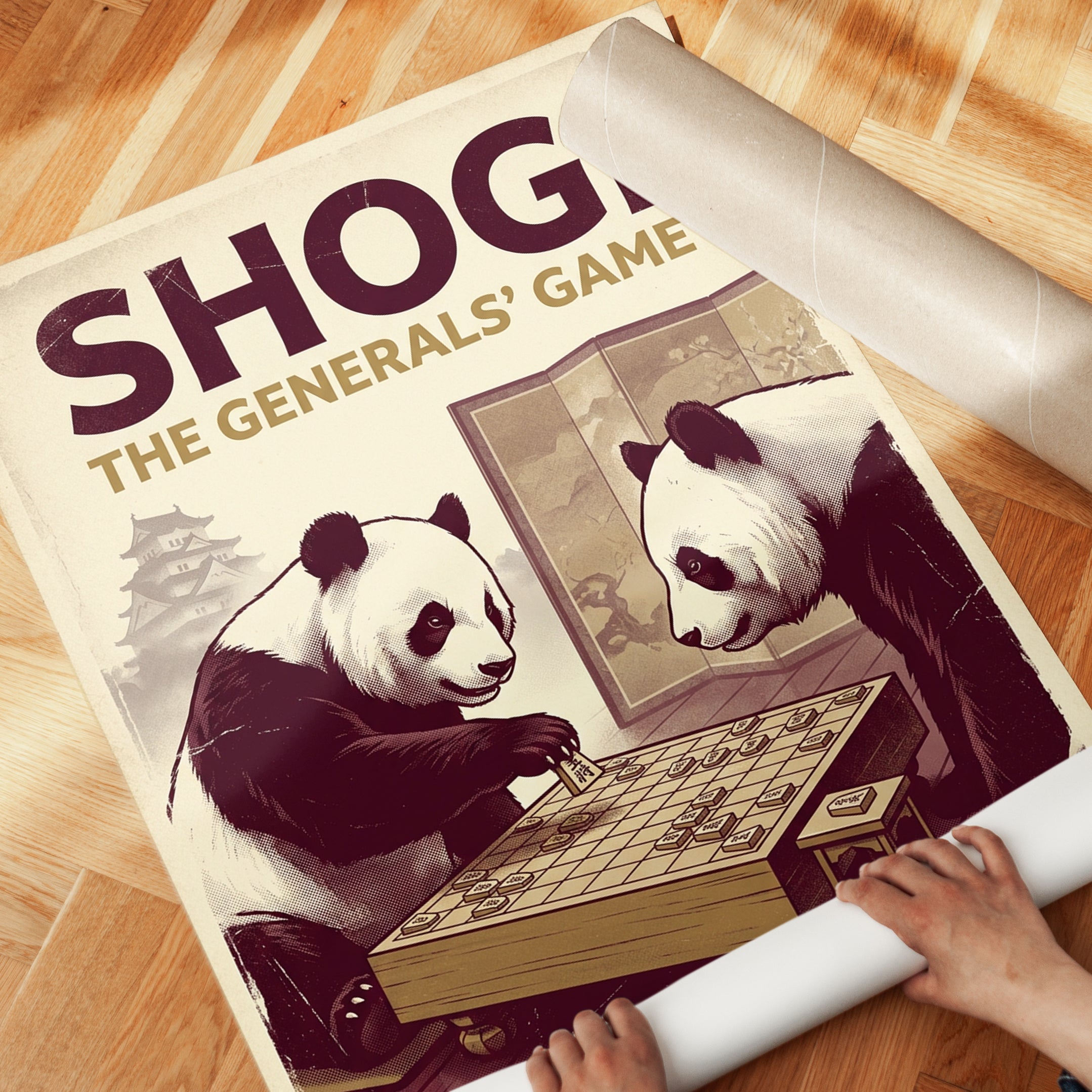 Shogi Pandas Art Print: Vintage Japanese Board Game Poster - detail