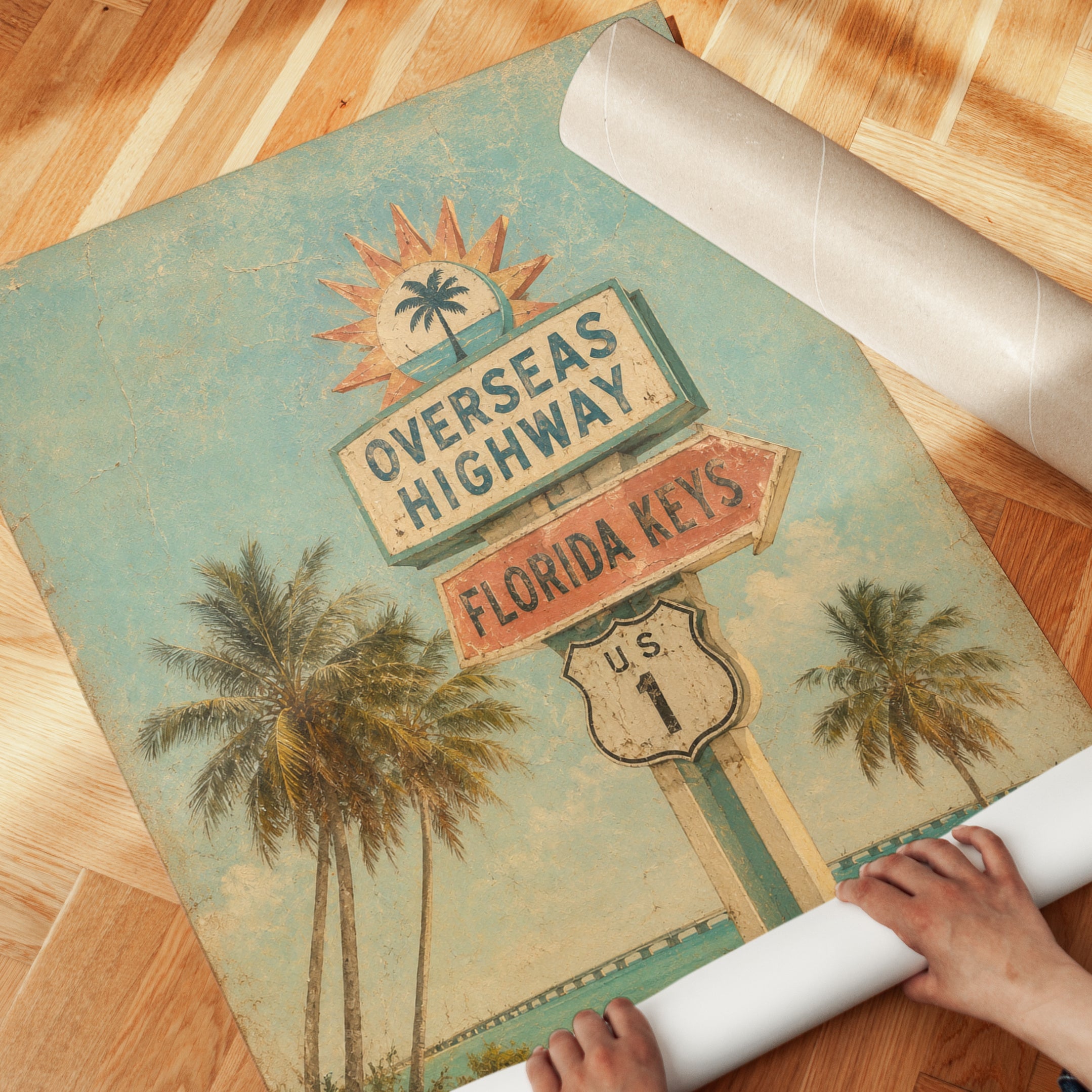 Overseas Highway Florida Keys Sign: Vintage Tropical Poster - detail
