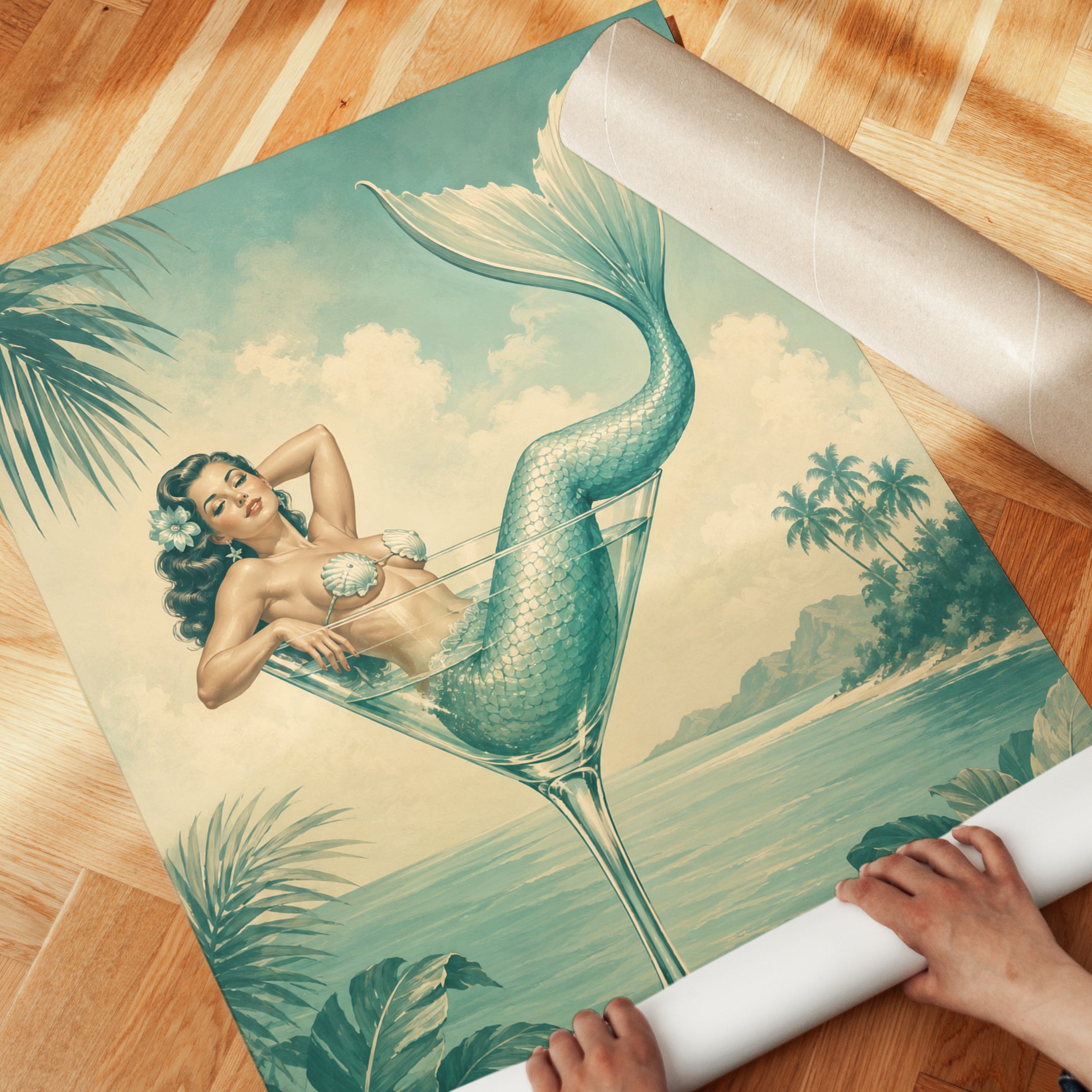 Mermaid Cocktail Art Print: Vintage Tropical Pin-Up Poster - detail