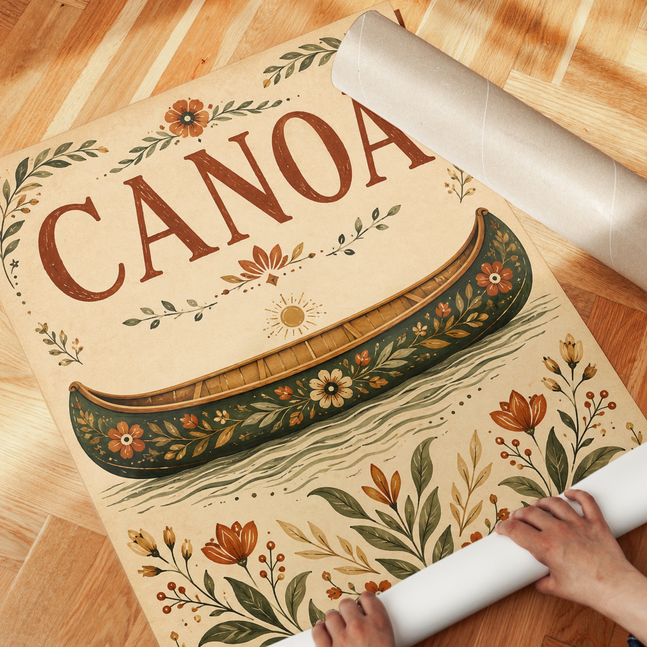 Folk Art Canoe Print: Vintage Floral Botanical Design - detail