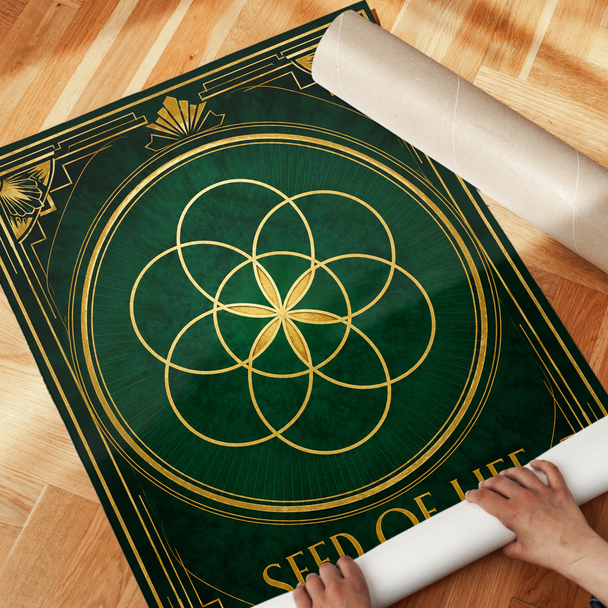 Seed of Life Wall Art: Modern Spiritual Geometry (Gold & Green) - detail
