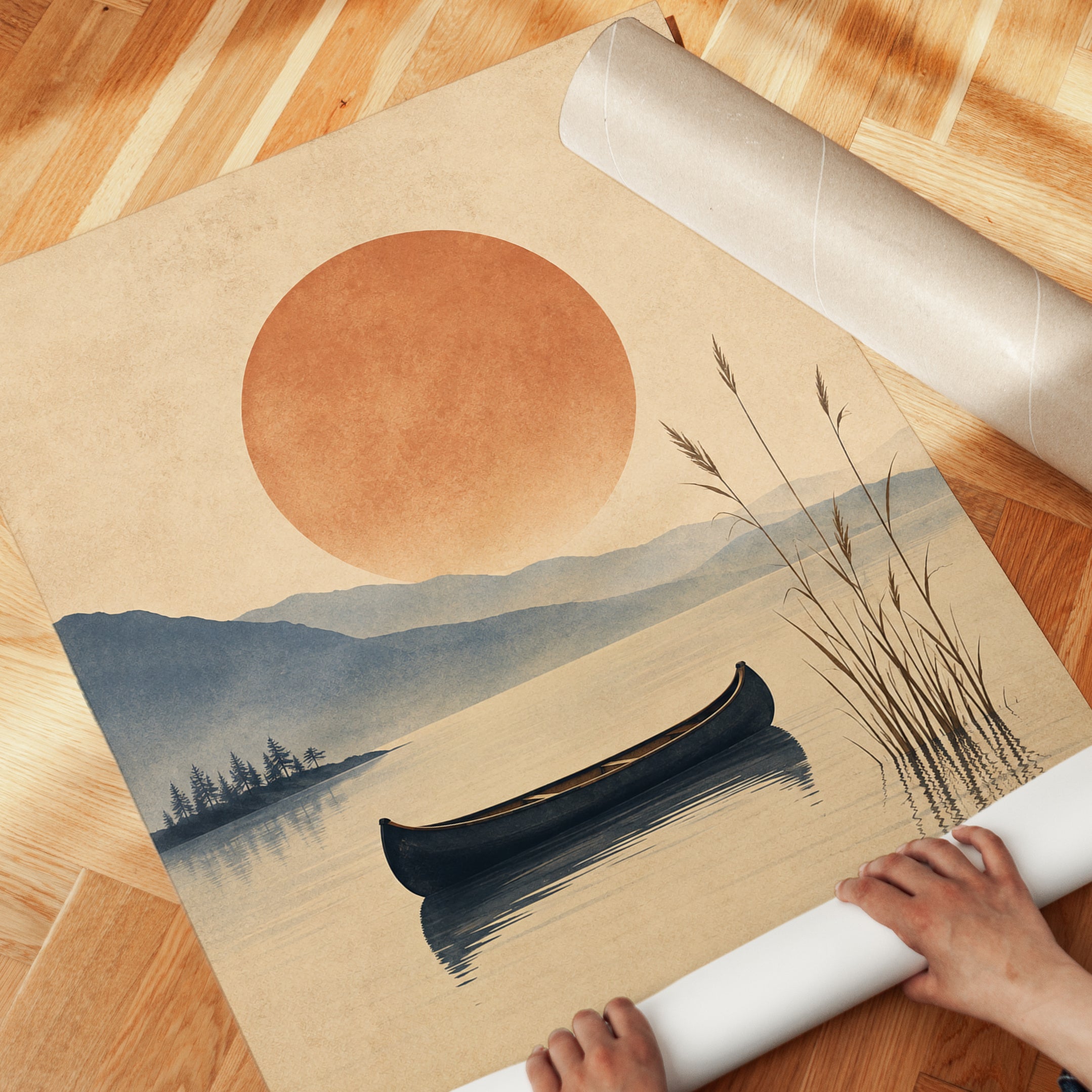 Kano Lake Canoe Poster: Minimalist Sunset Landscape Art - detail