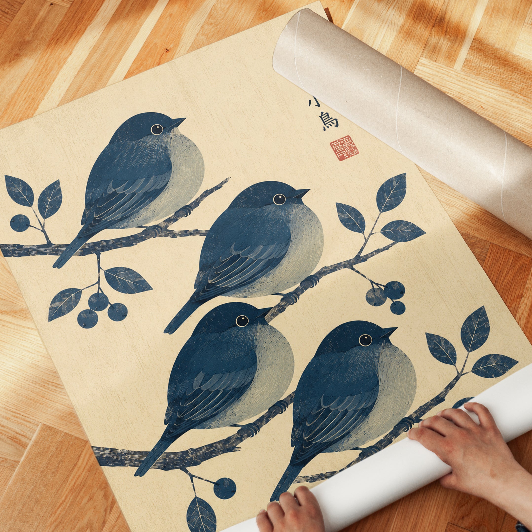 Japanese Blue Birds on Branch: Traditional Woodblock Style Print - detail