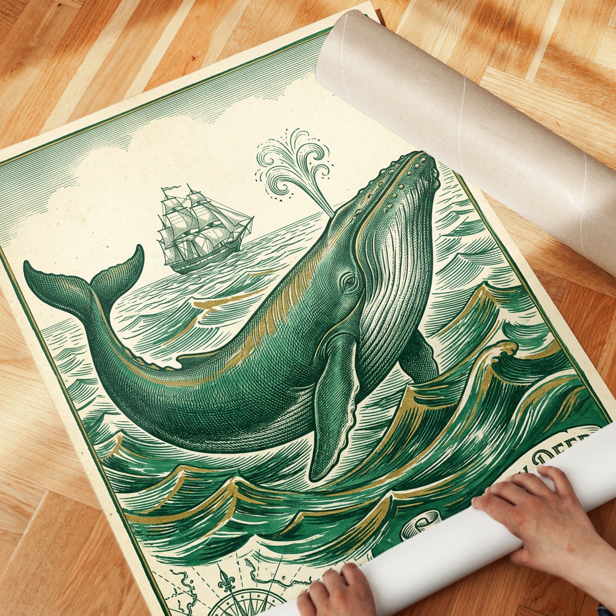 Whale Wall Art: Vintage Nautical Print - detail