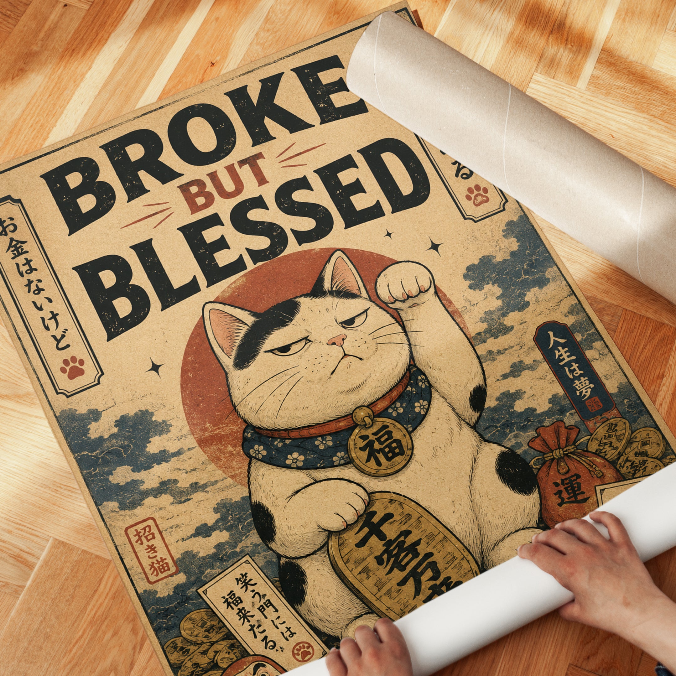 Maneki Neko Wall Art – Lucky Cat Print - detail