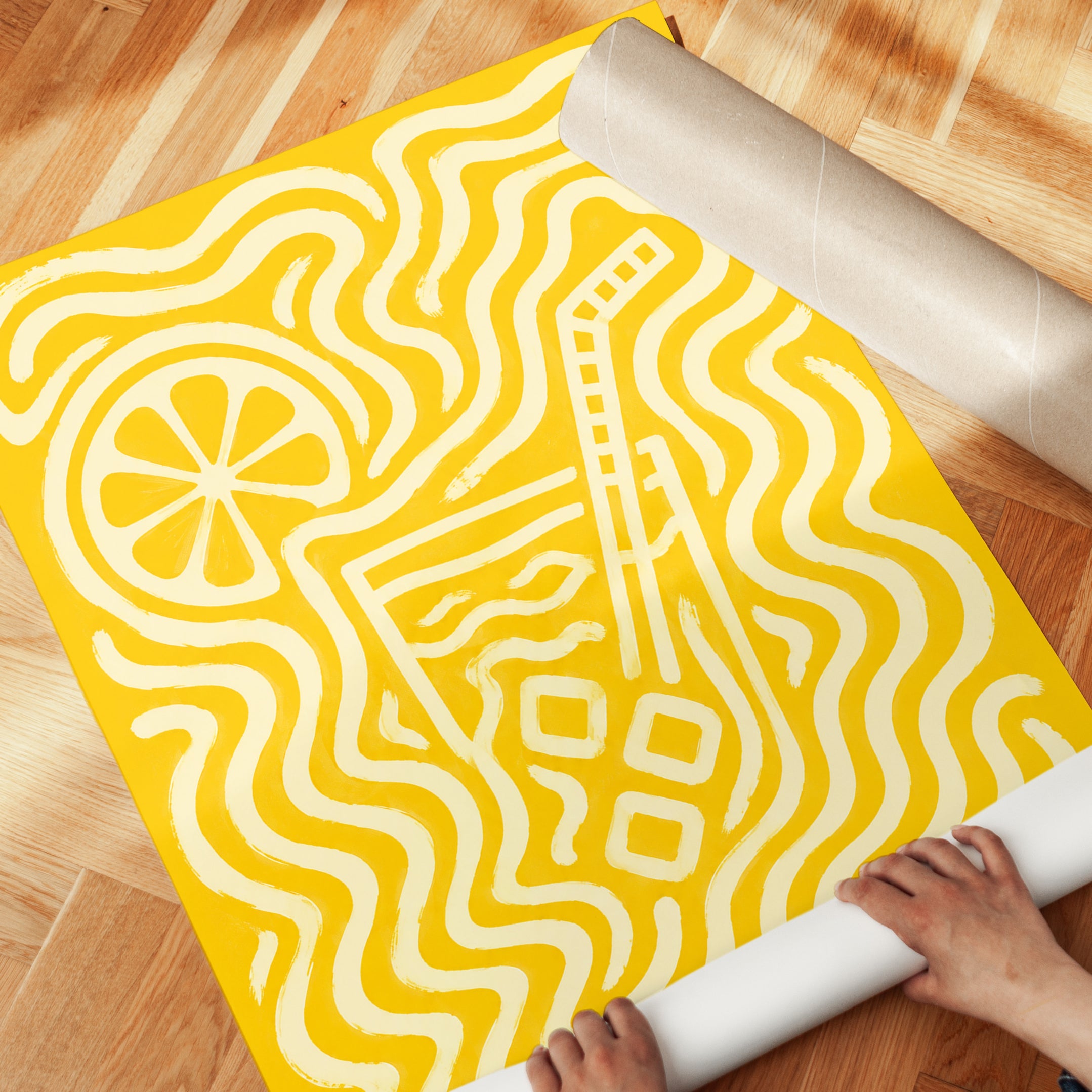 Retro Lemonade Poster: Yellow Psychedelic Line Art Print - detail