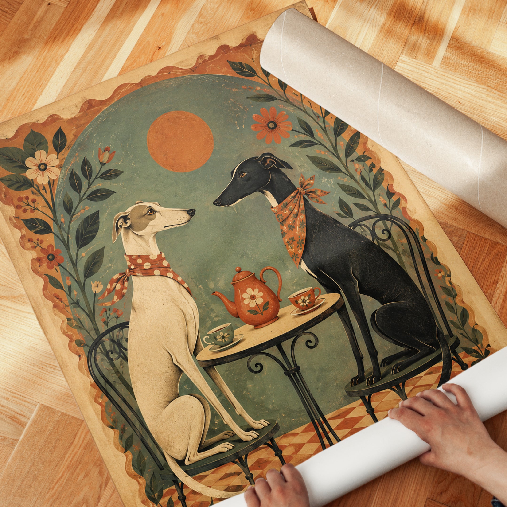 Greyhound Wall Art – Folk Art Dog Print - detail