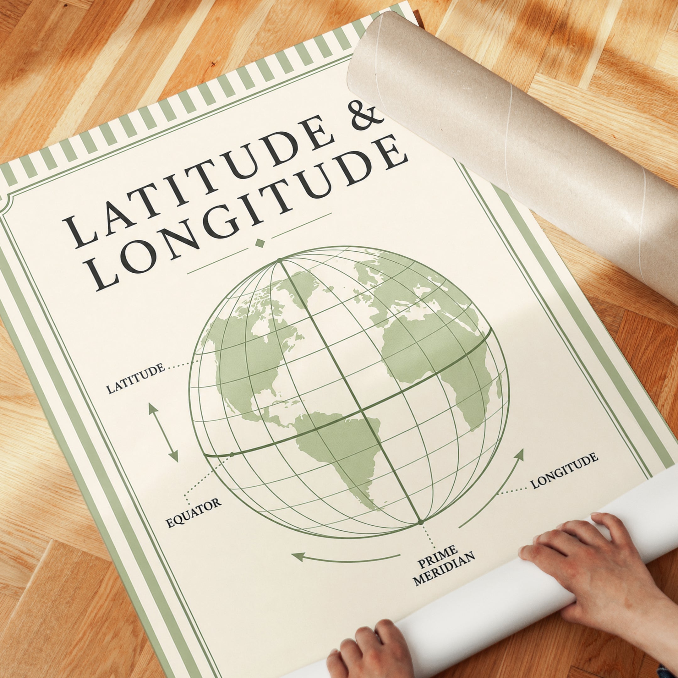 Latitude and Longitude Globe Print: Vintage Geography Wall Art - detail