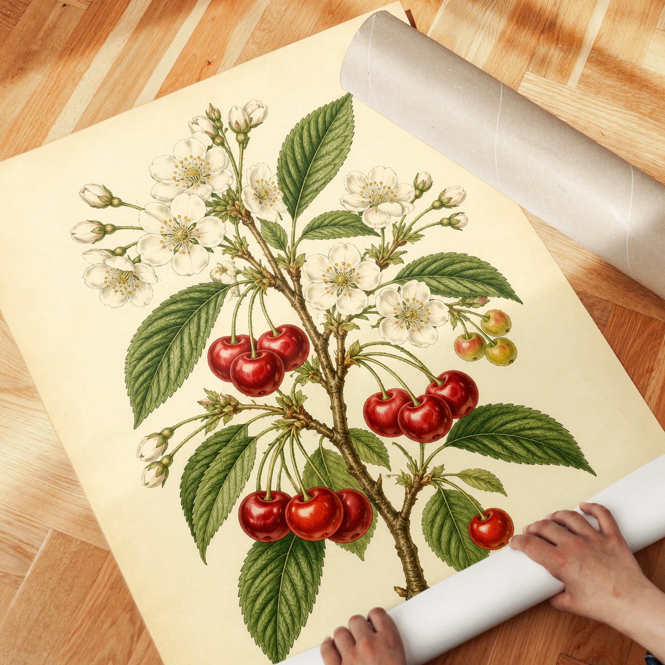 Vintage Cherry Botanical Print — Antique Style Fruit Illustration - detail