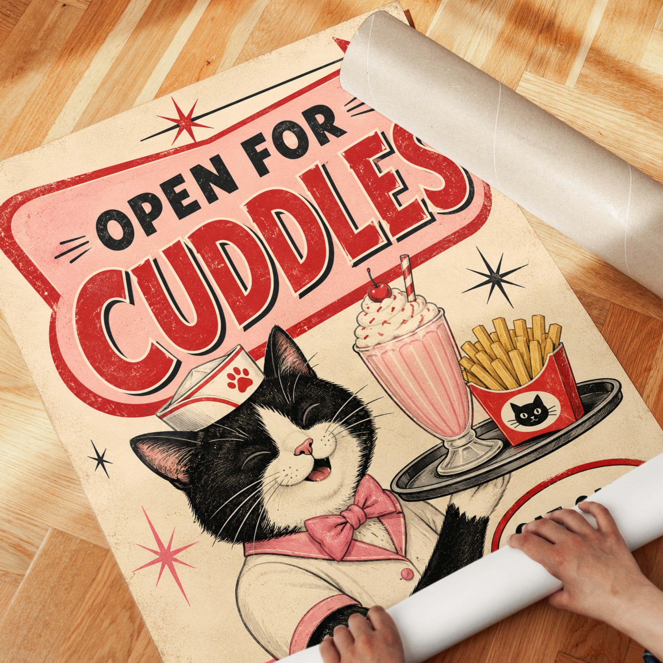 Cat Cafe Wall Art – Retro Diner Print - detail