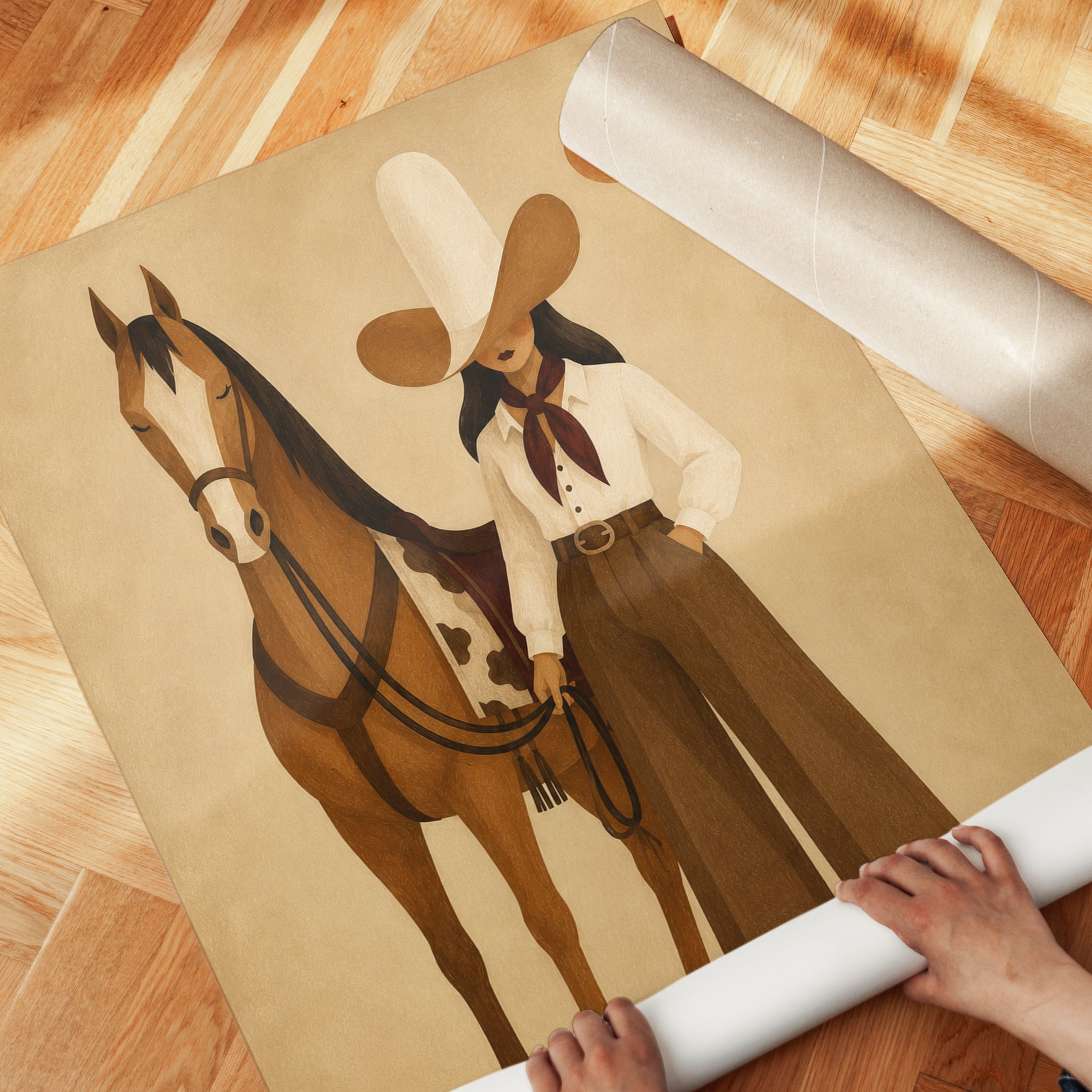 Vintage Cowgirl and Horse Art Print: Geometric Western Design - detail