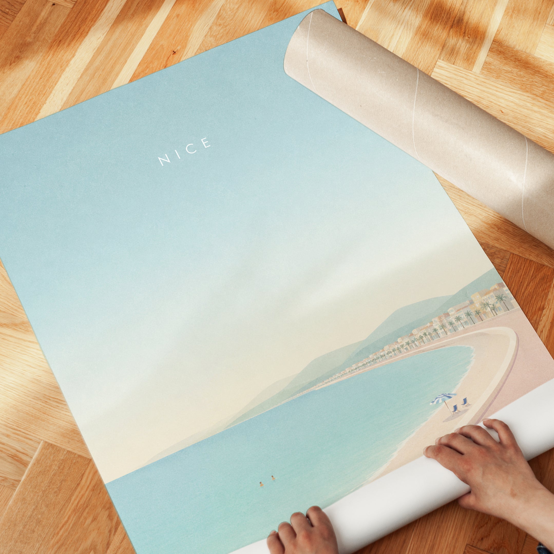 Nice Beach Promenade Print: Pastel Coastal Mediterranean Art - detail