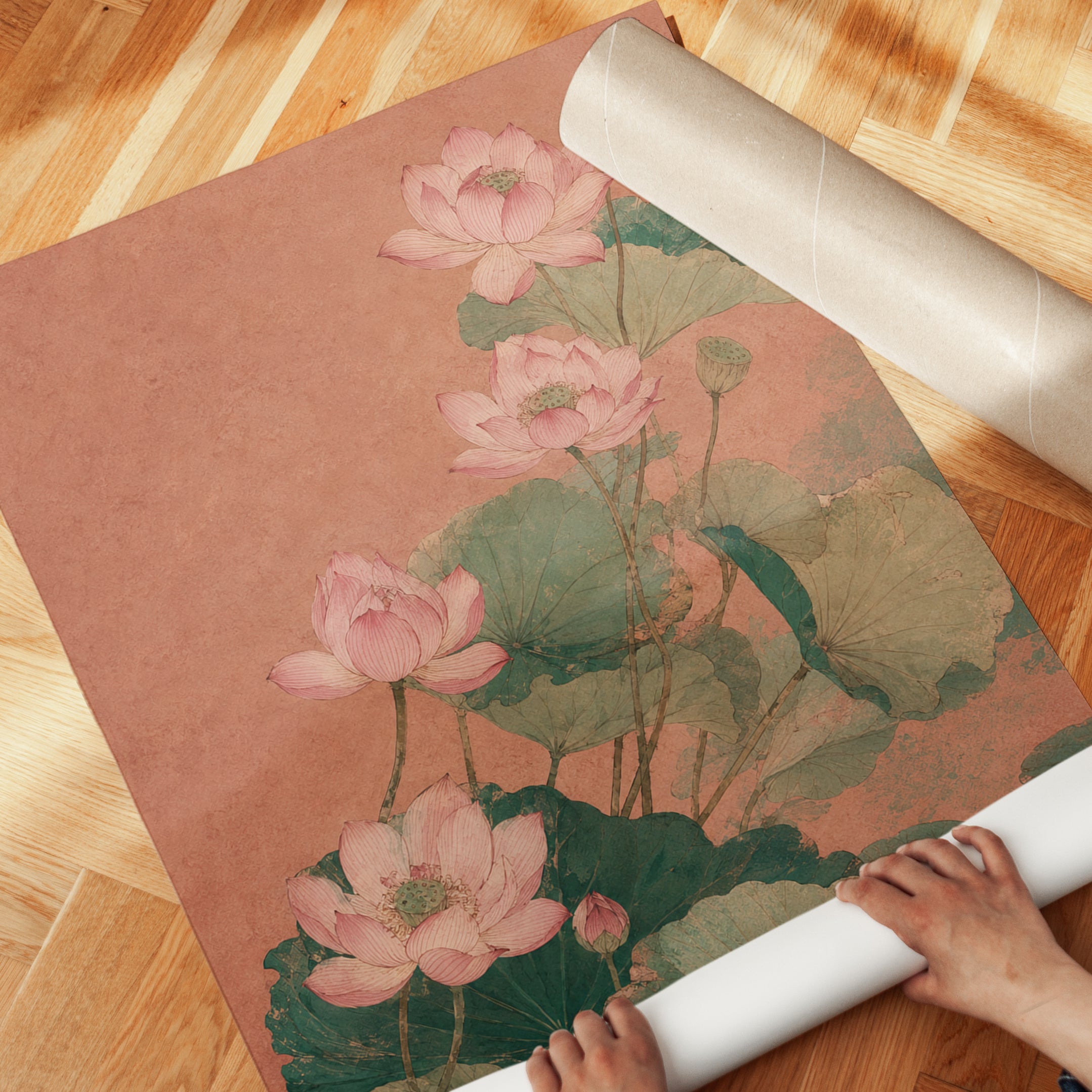 Lotus Flower Botanical Print — Vintage Pink Water Lily - detail