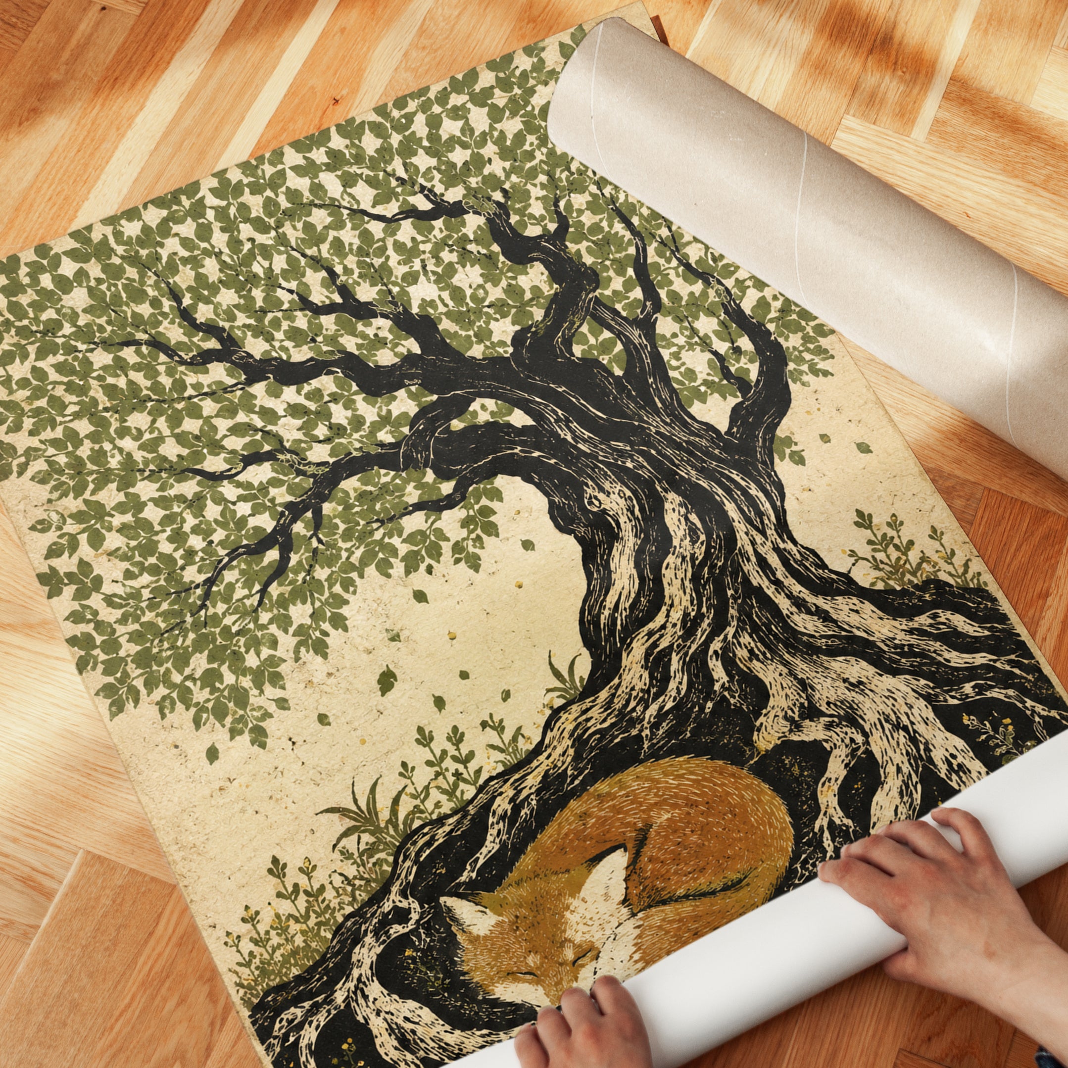 Fox and Tree Wall Art – Sleeping Fox Print - detail