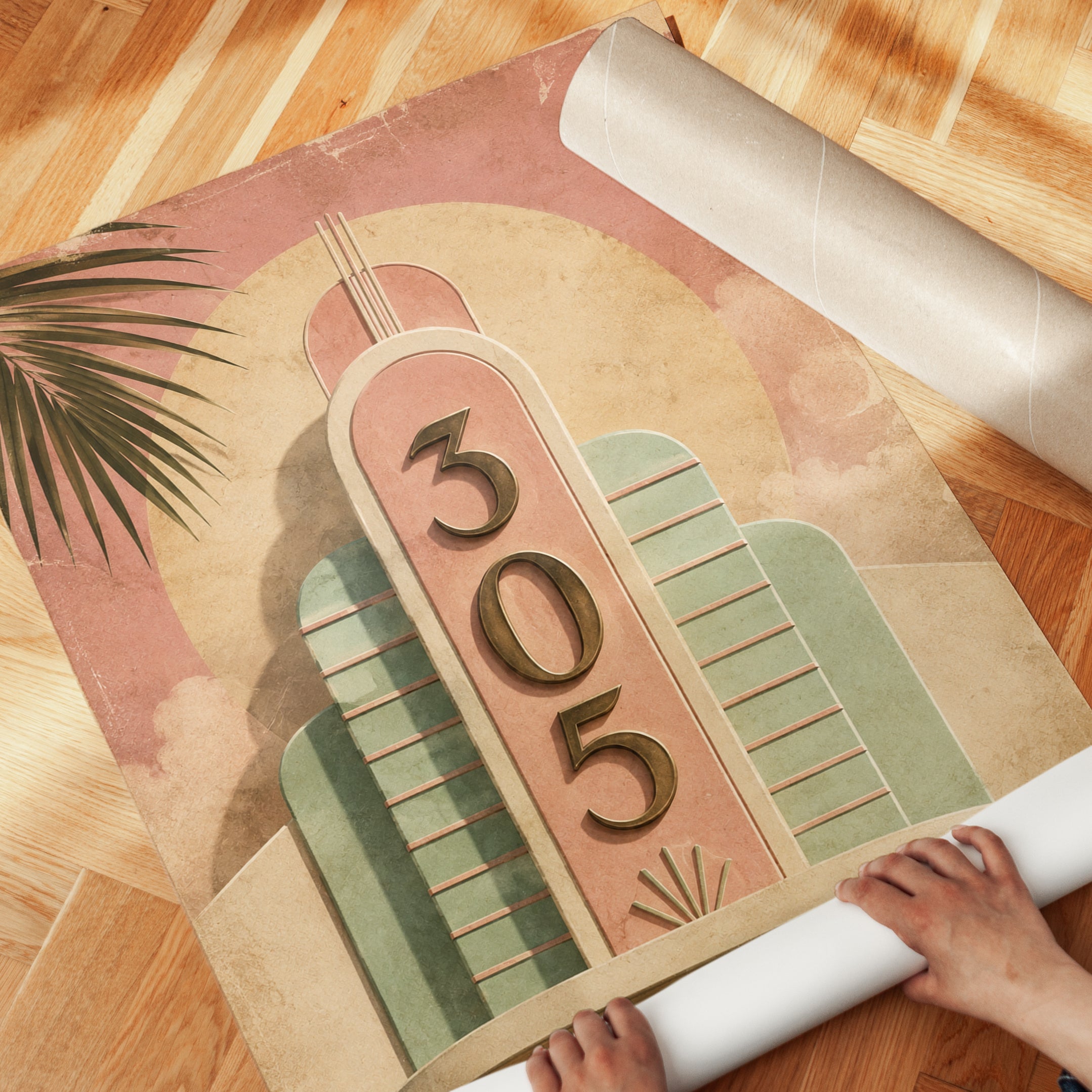 Art Deco Building Facade Print: Vintage Pink and Mint Architecture - detail