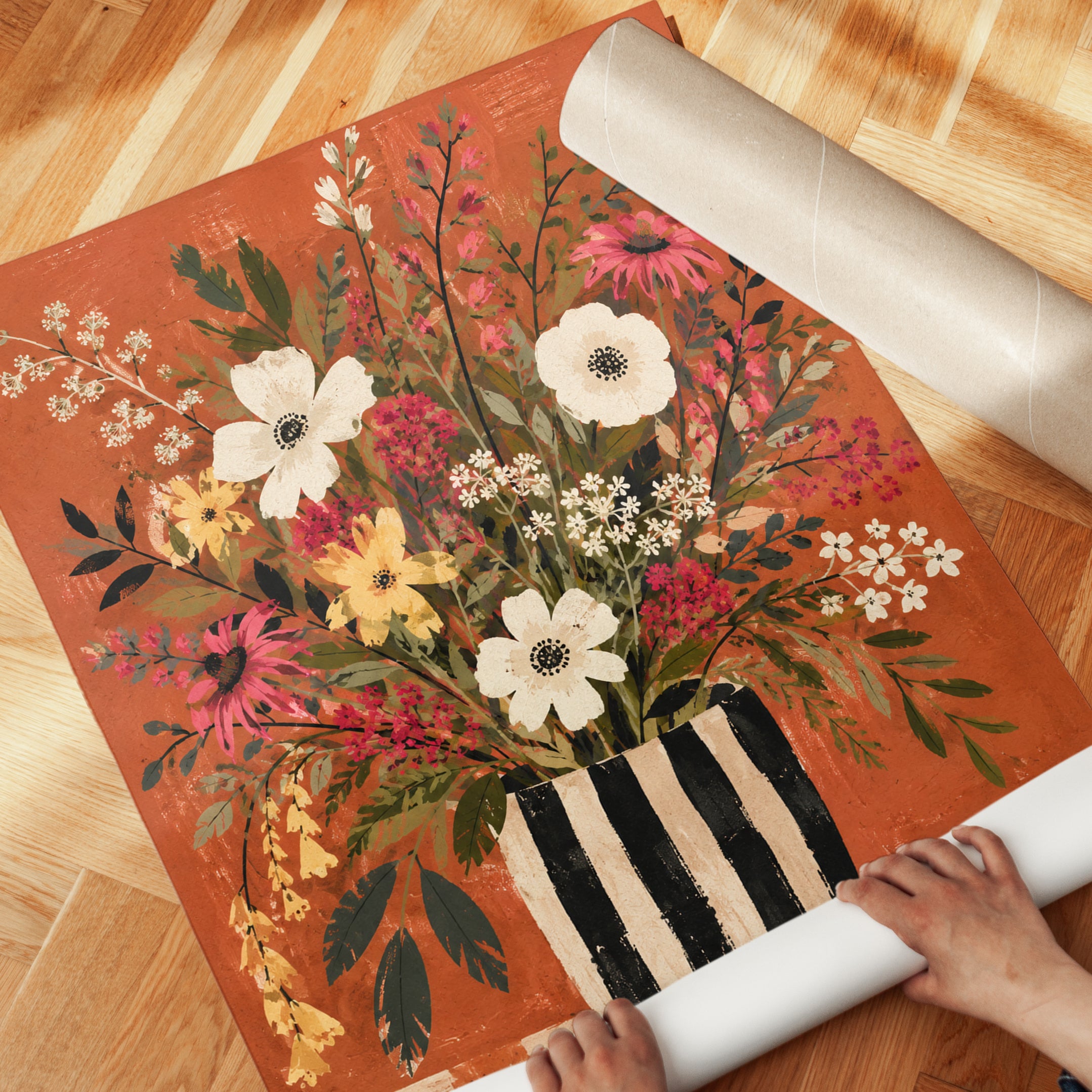 Floral Vase Wall Art – Retro Botanical Print - detail