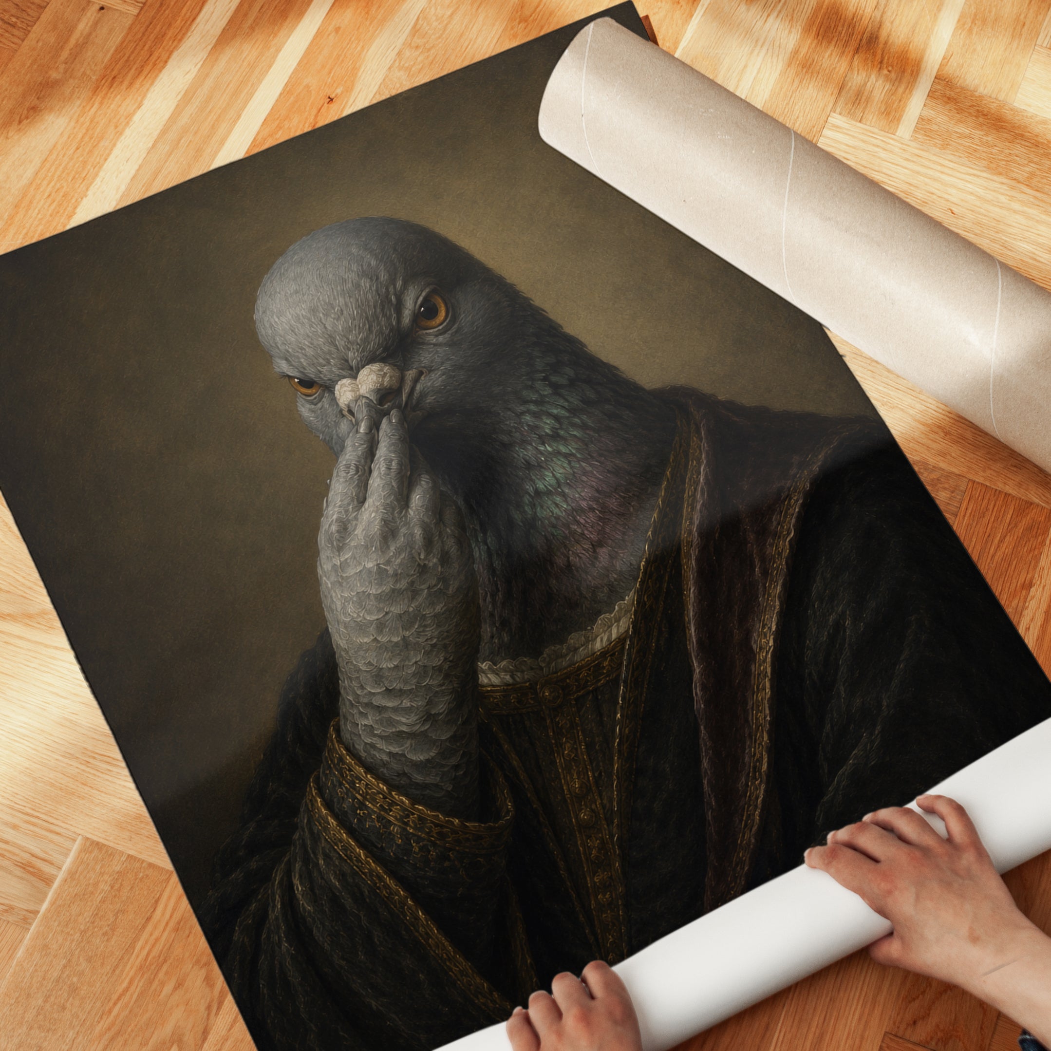 Funny Bathroom Poster Renaissance Pigeon Portrait Print - detail