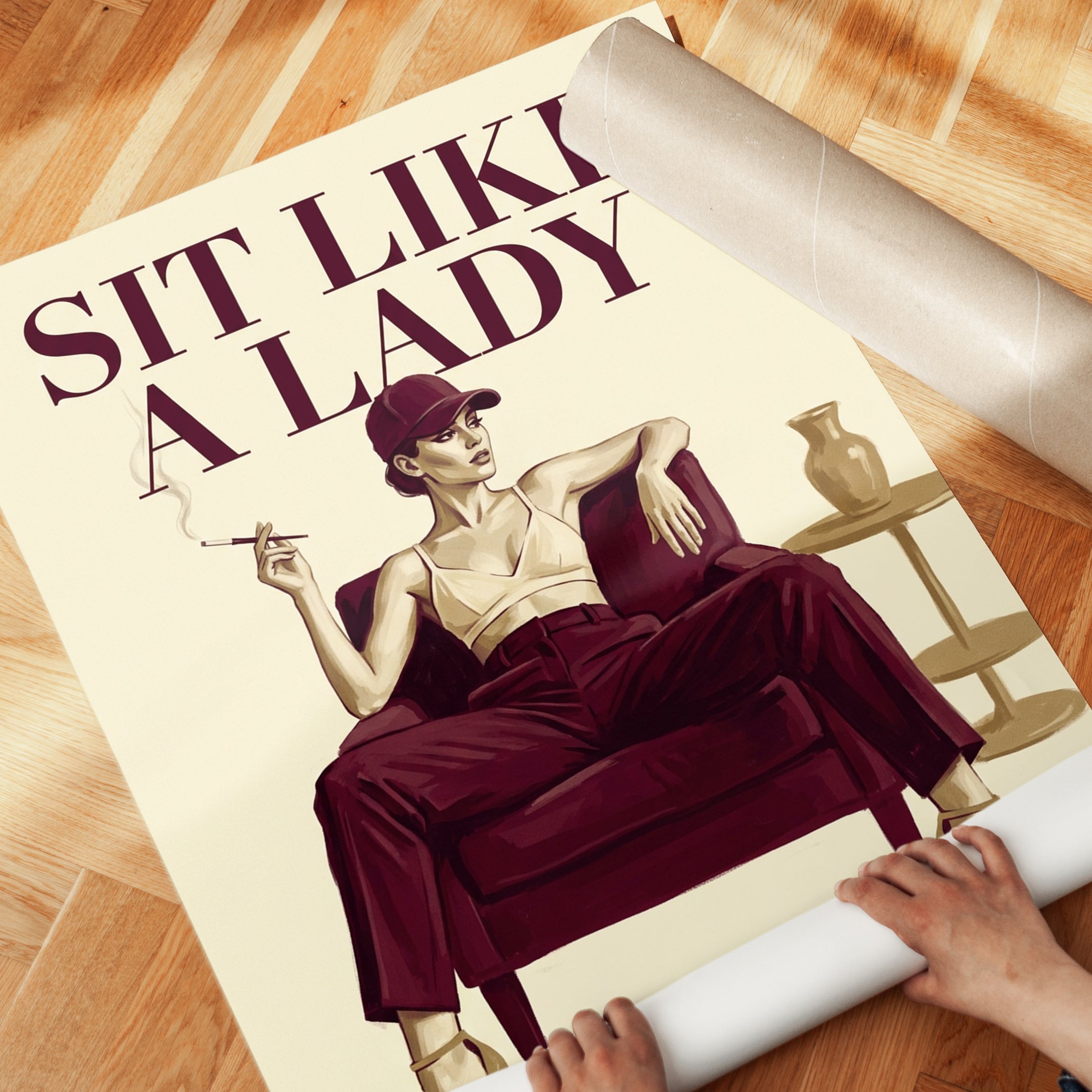 Sit Like a Lady Art Print: Vintage Fashion Poster in Burgundy - detail