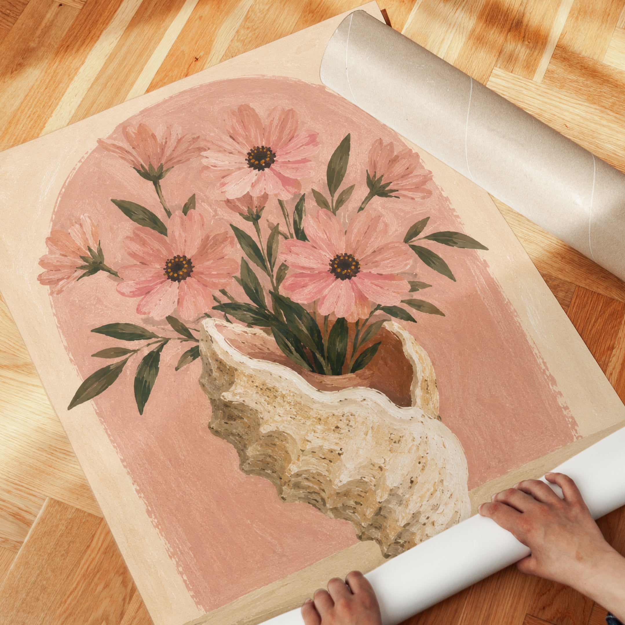 Seashell Vase Wall Art – Pink Floral Print - detail