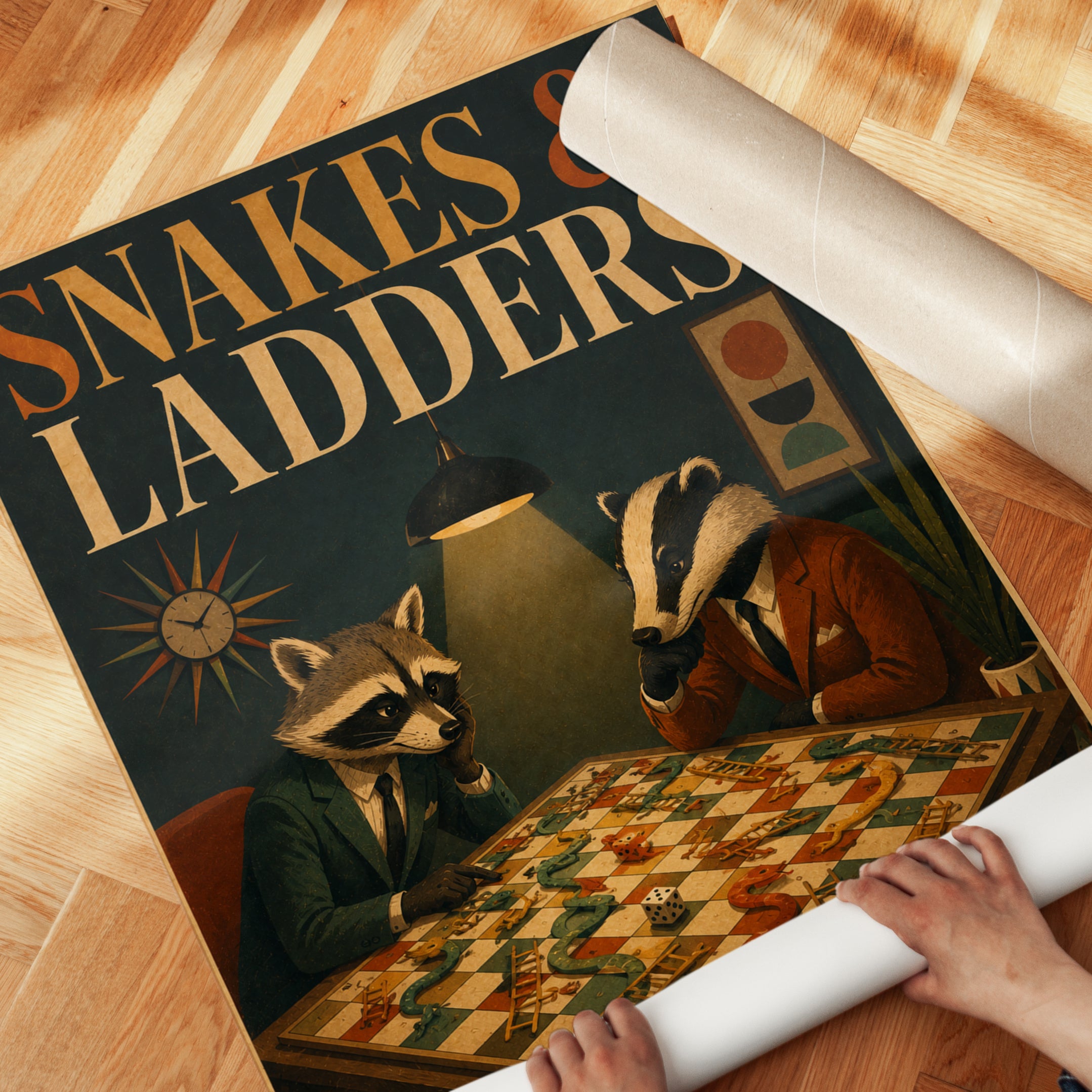 Snakes and Ladders Art Print: Whimsical Animals - detail