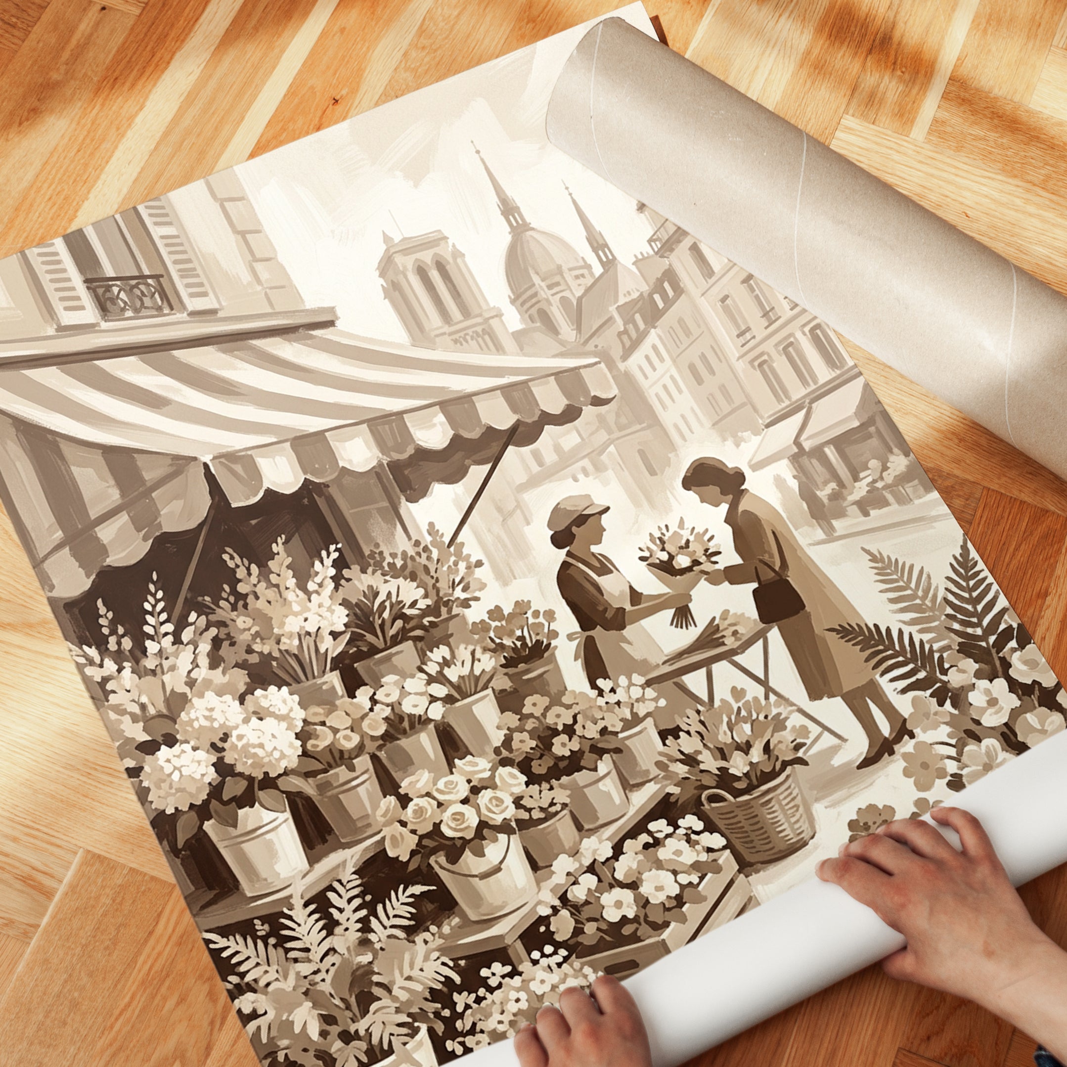 Vintage Paris Flower Market Print — Sepia Parisian Street Scene - detail
