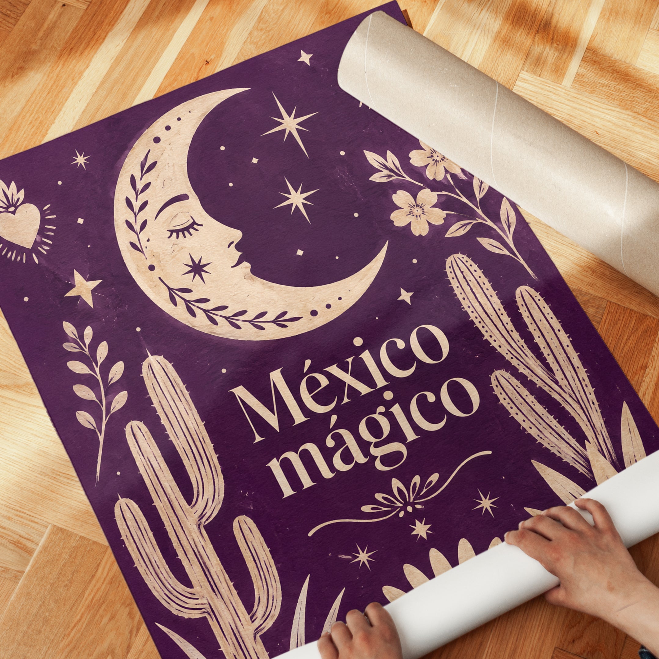 México Mágico Moon Art Print: Purple Folk Art Desert Poster - detail