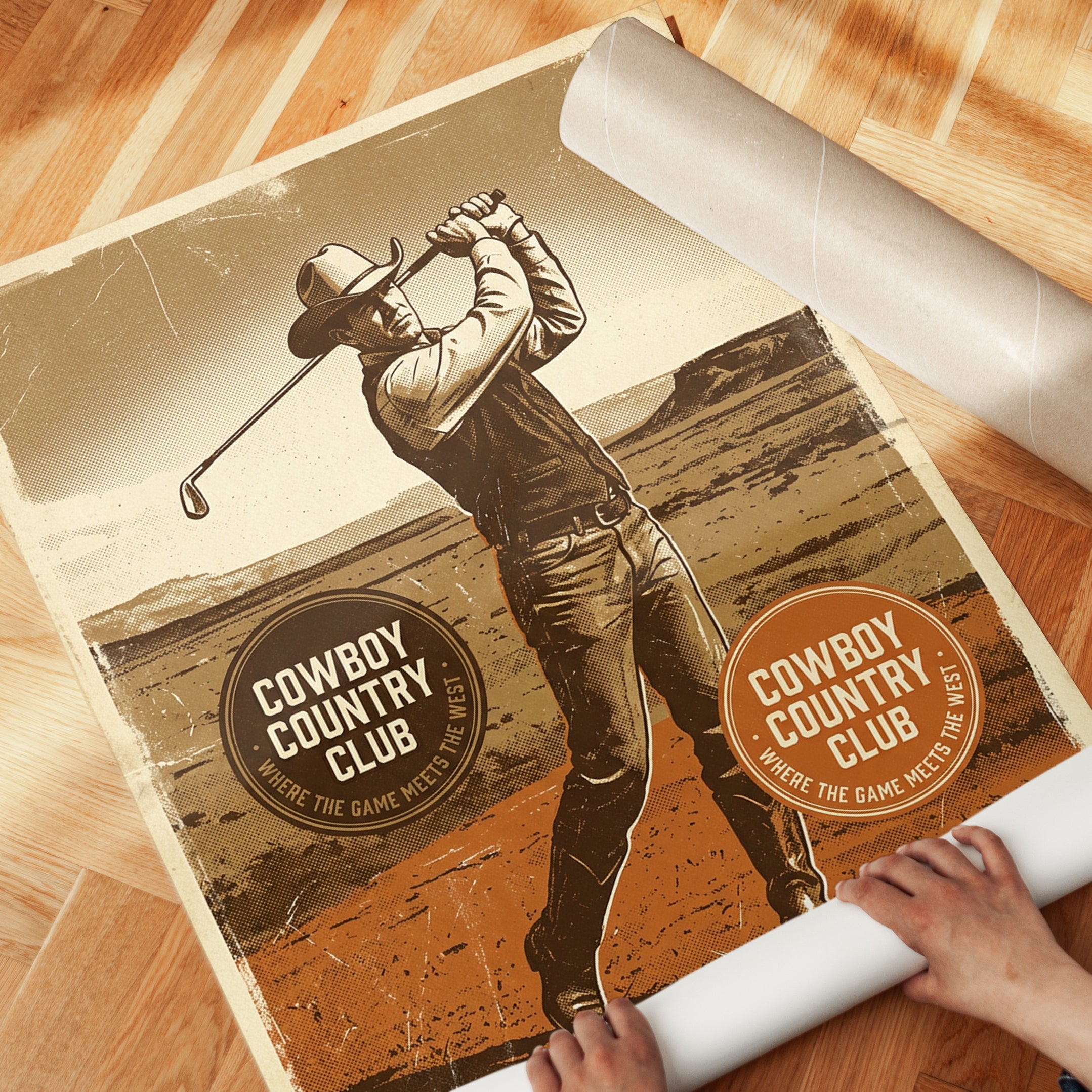 Cowboy Golfer Wall Art: Vintage Western Sports Poster - detail