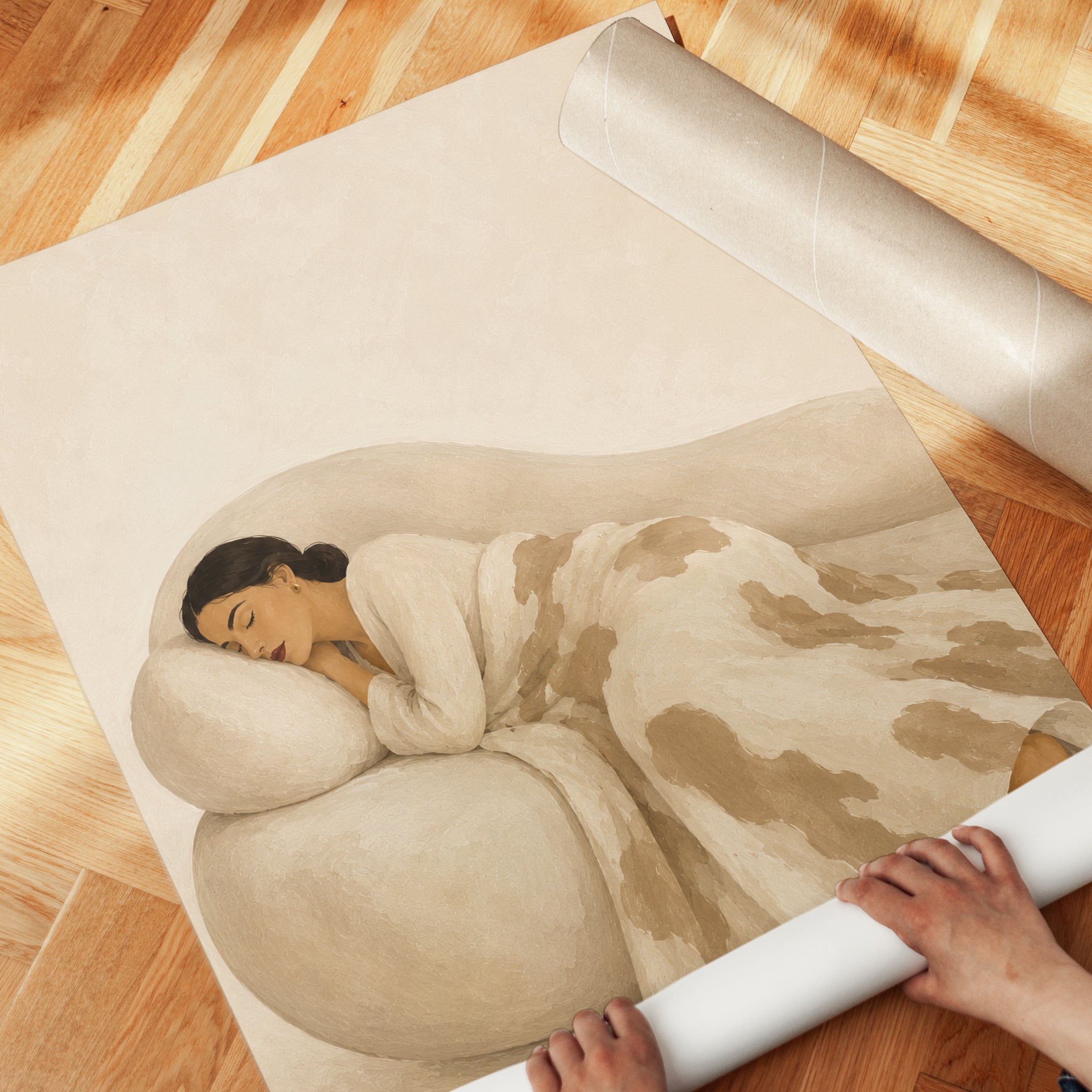 Resting Woman Art Print: Minimalist Beige and Cream Watercolor - detail