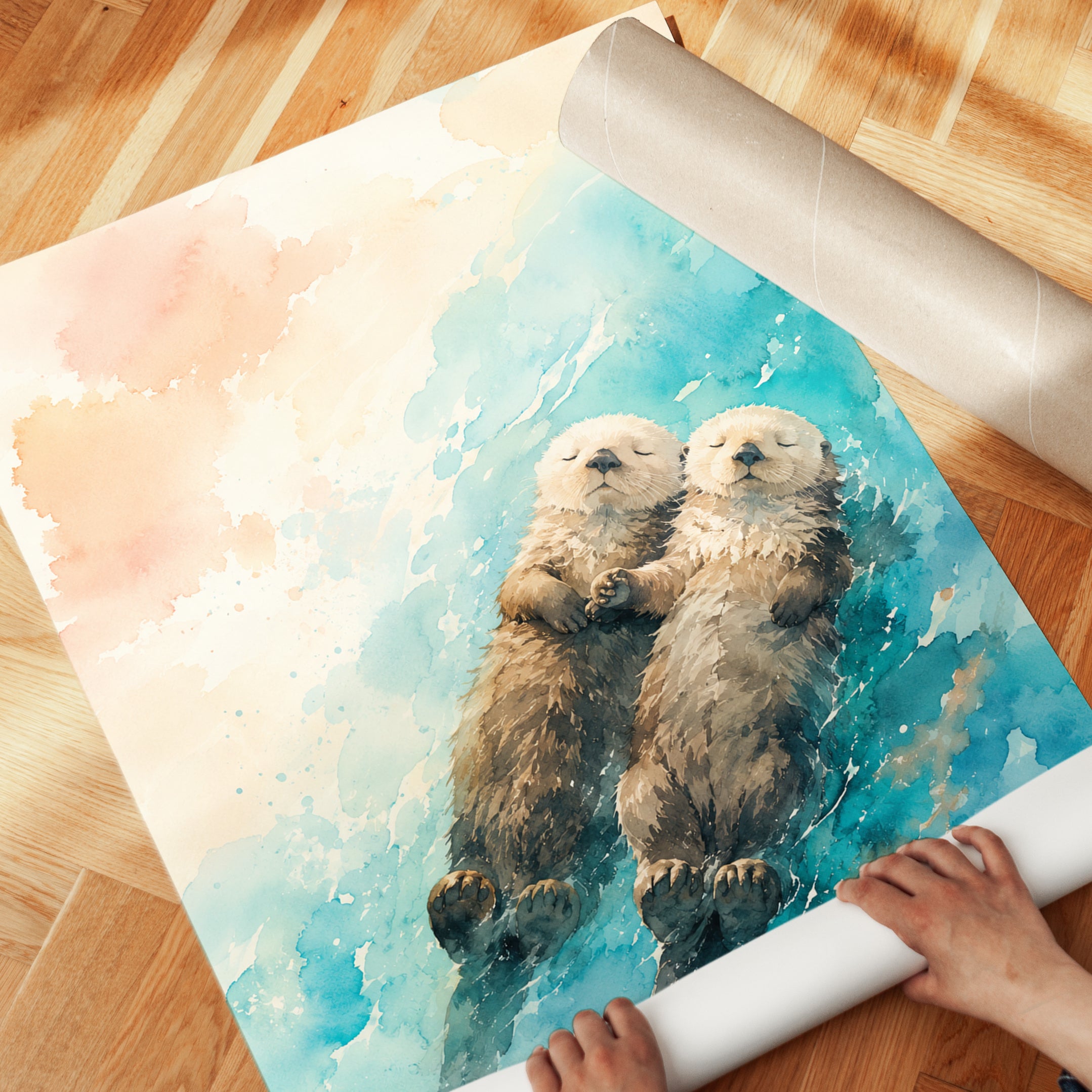 Otters Holding Hands Art Print: Watercolor Aqua and Peach - detail