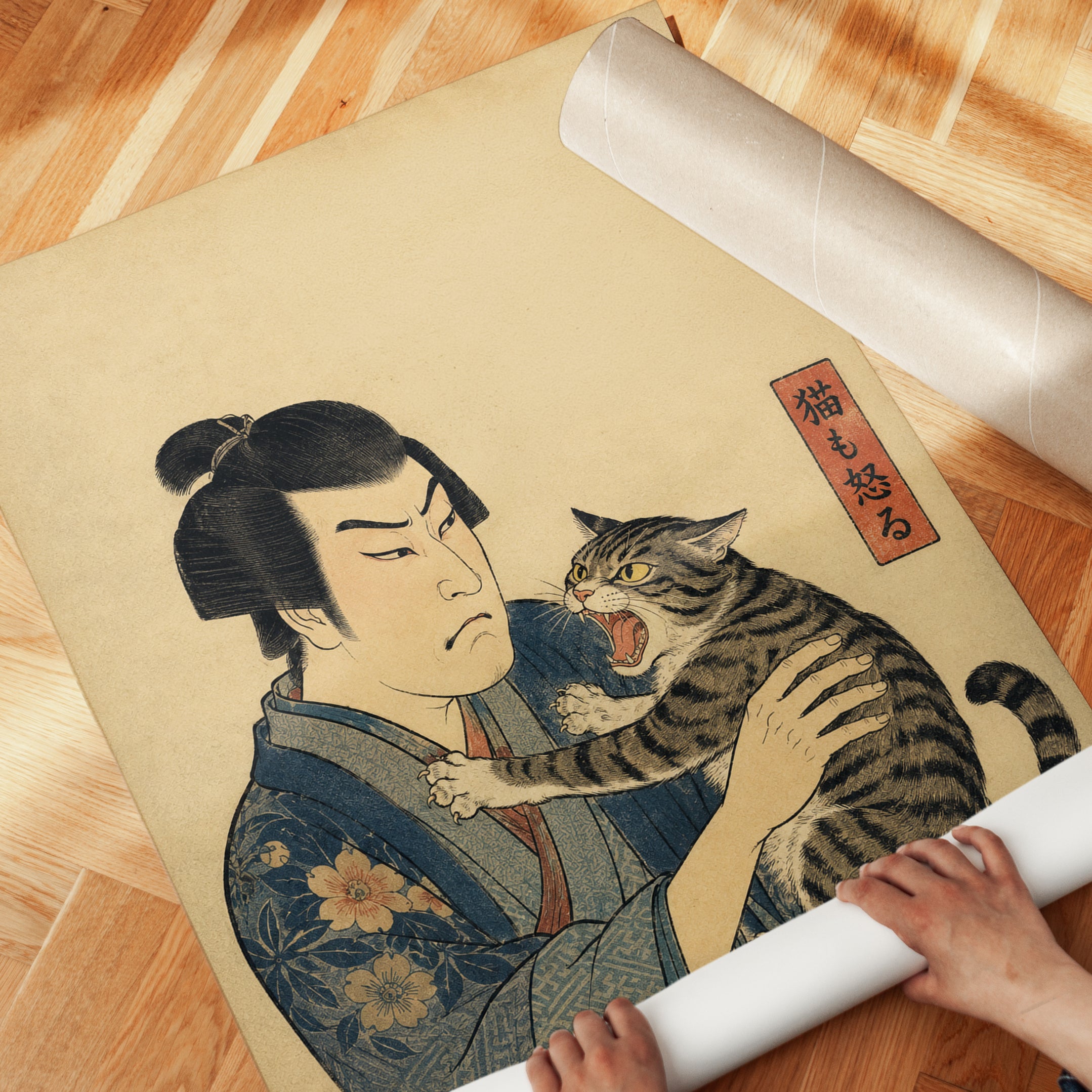 Japanese Cat Wall Art – Ukiyo-e Print - detail