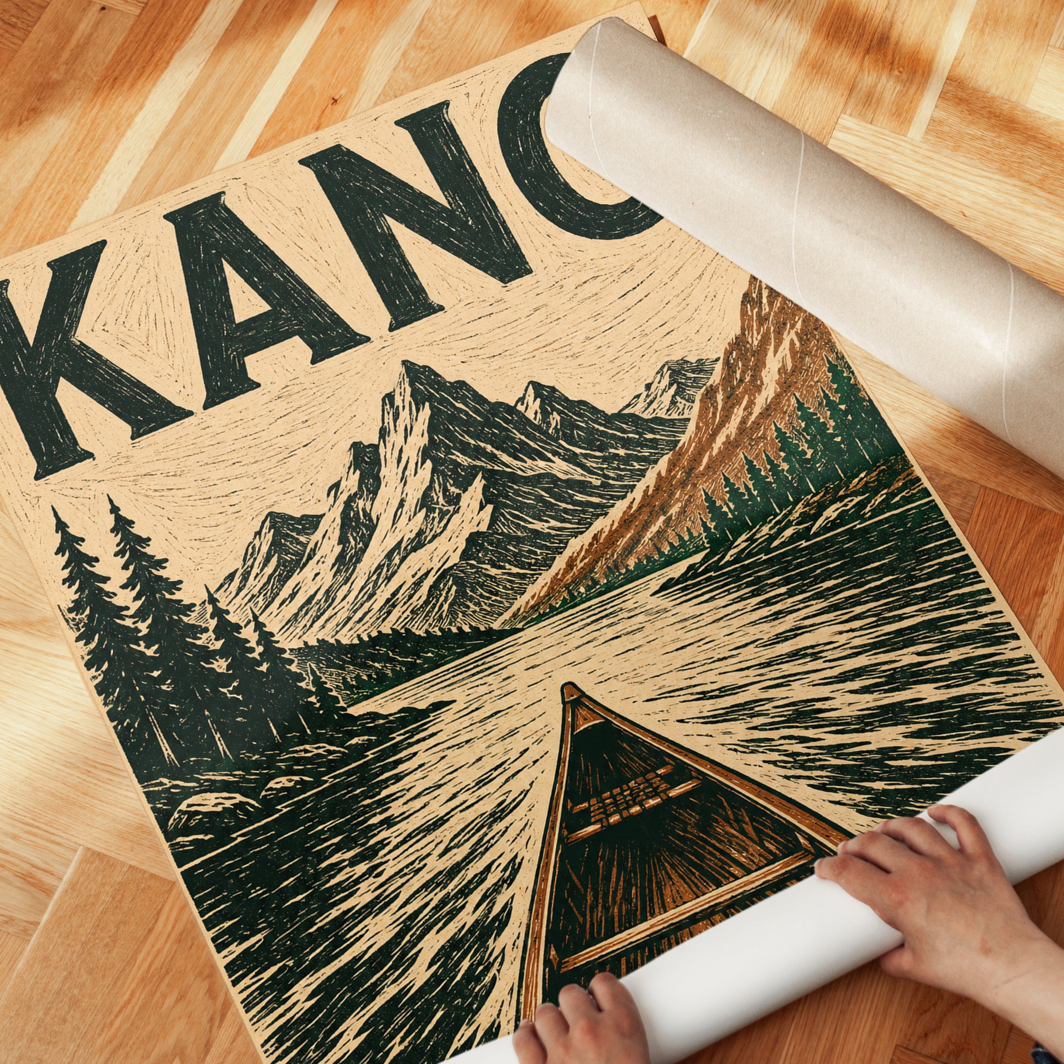 Canoe Wall Art – Vintage Mountain Lake Print - detail